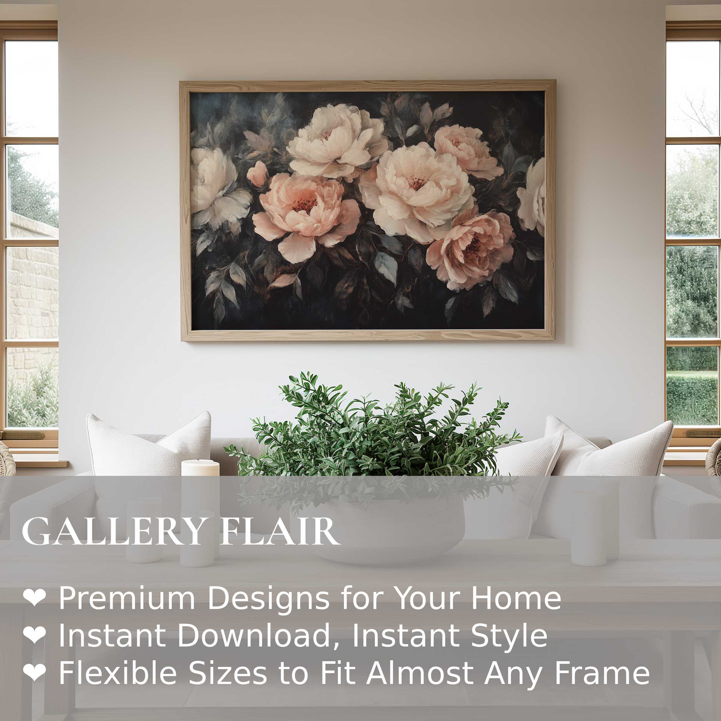 Floral wall art print with soft blush peonies on dark background, radiating elegant warmth in refined modern living spaces
