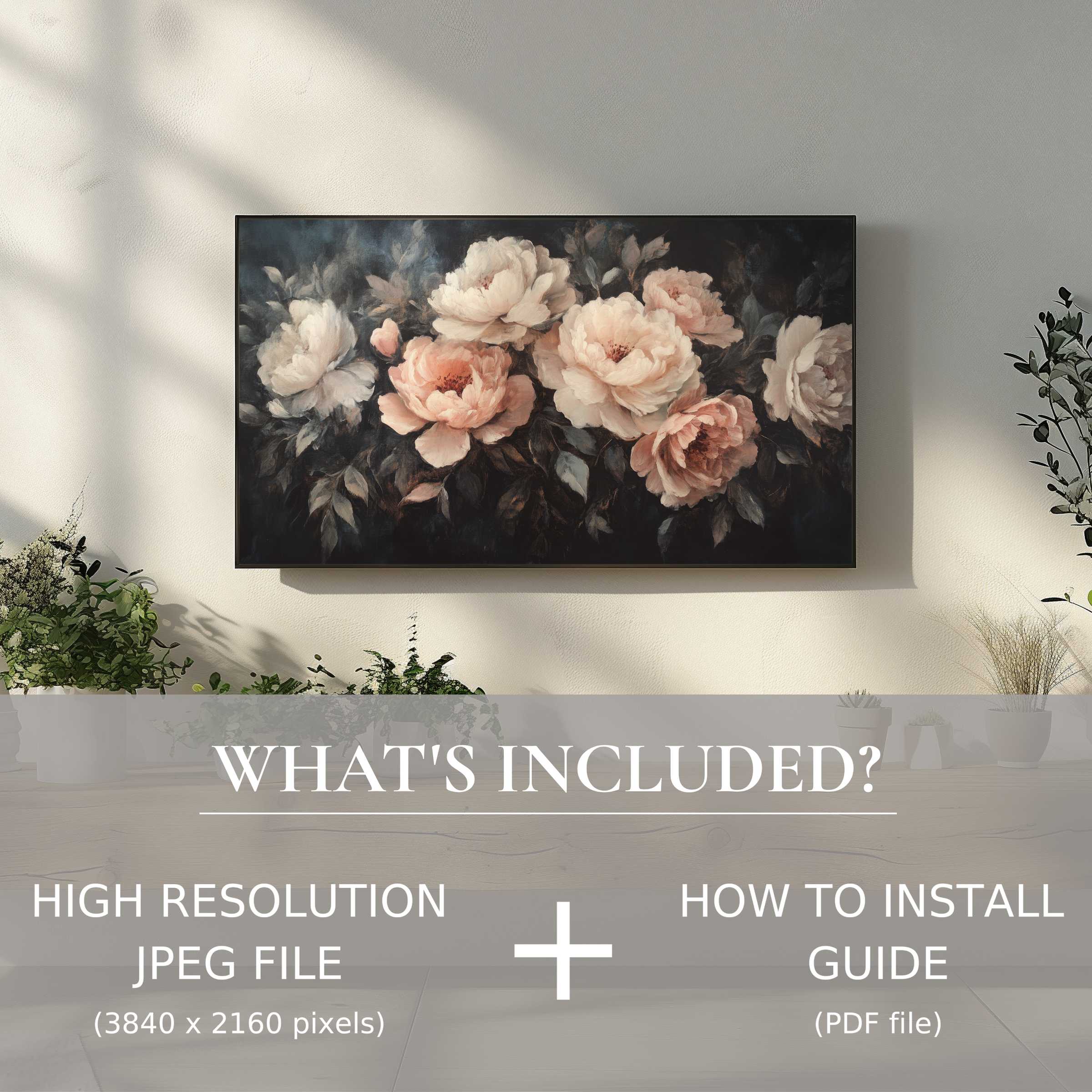 Elegant floral digital TV art download brightens living space with easy digital use and refined modern style