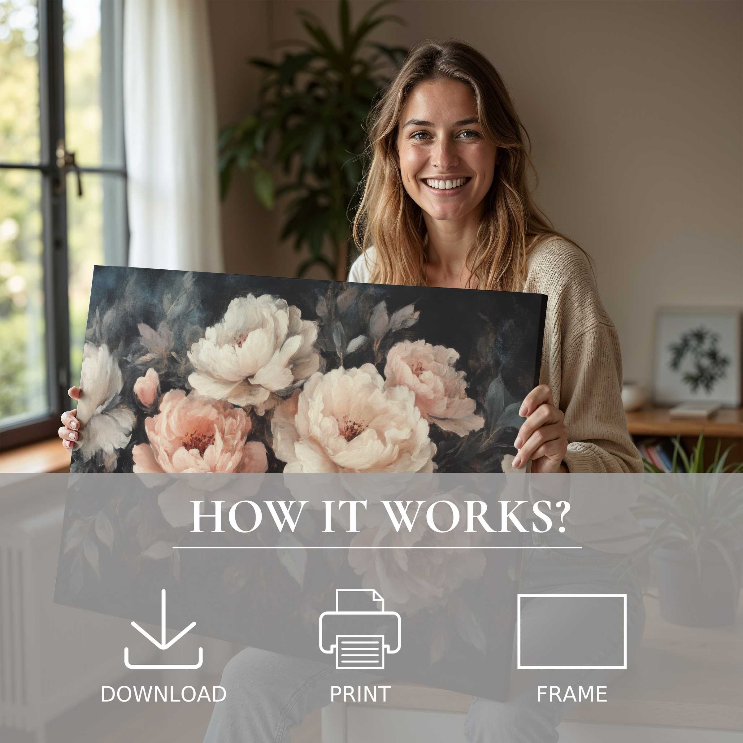 A joyful moment embracing floral digital art print’s timeless beauty, enriching modern home spaces with effortless elegance