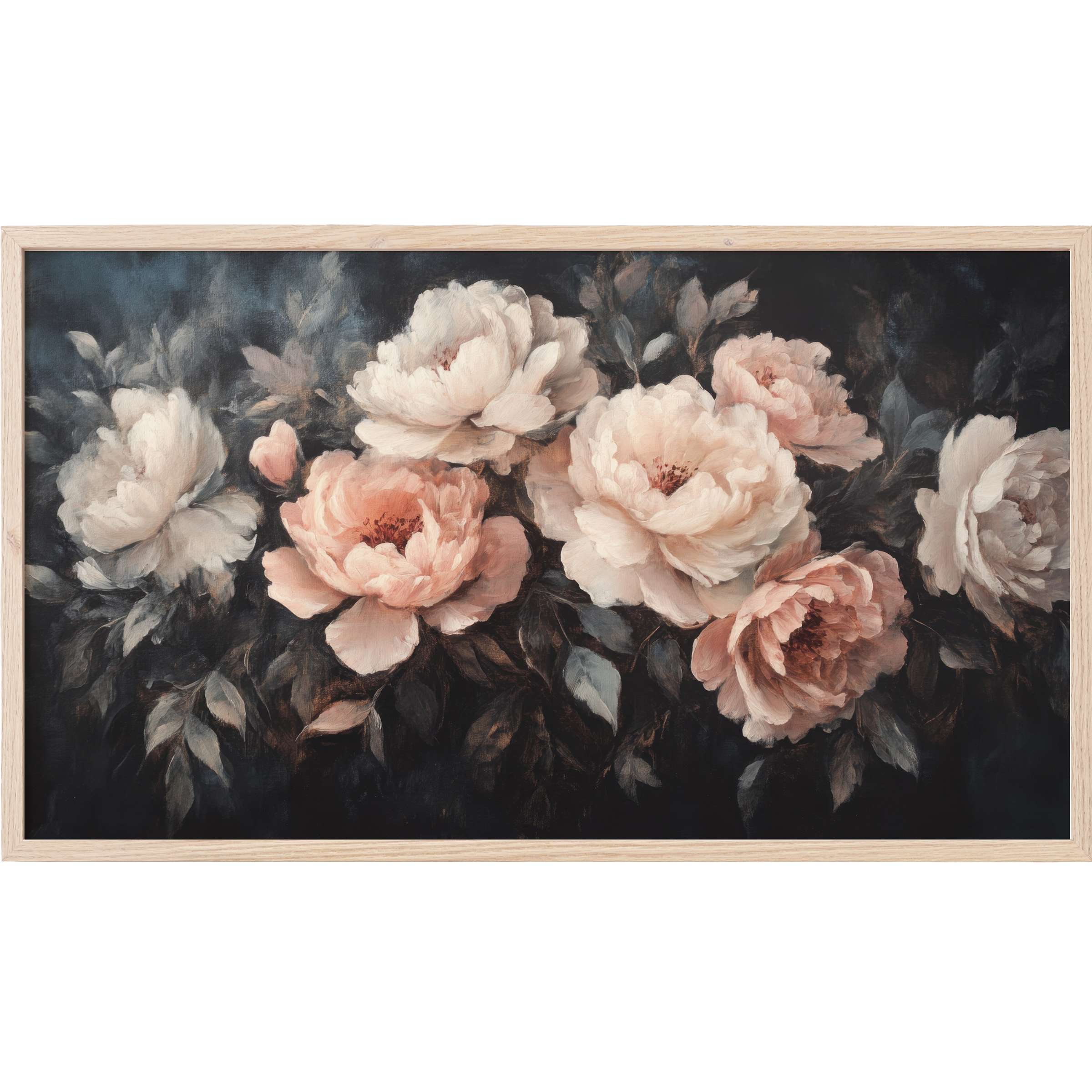 Floral Frame TV Art with soft blush and cream peonies against a dark, moody, painterly backdrop