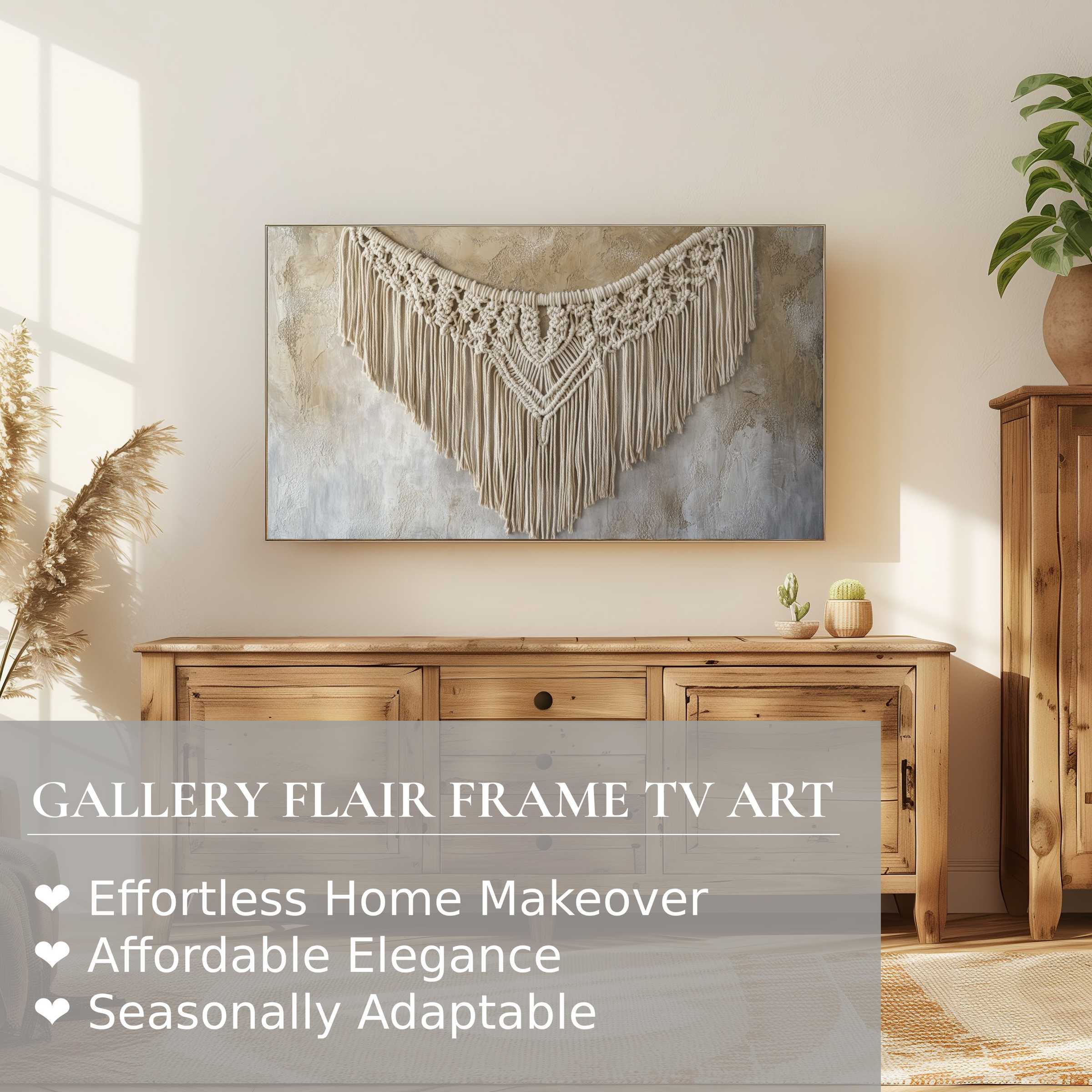 Samsung Frame TV displaying elegant boho digital artwork in a warm, natural wood setting with soft sunlight