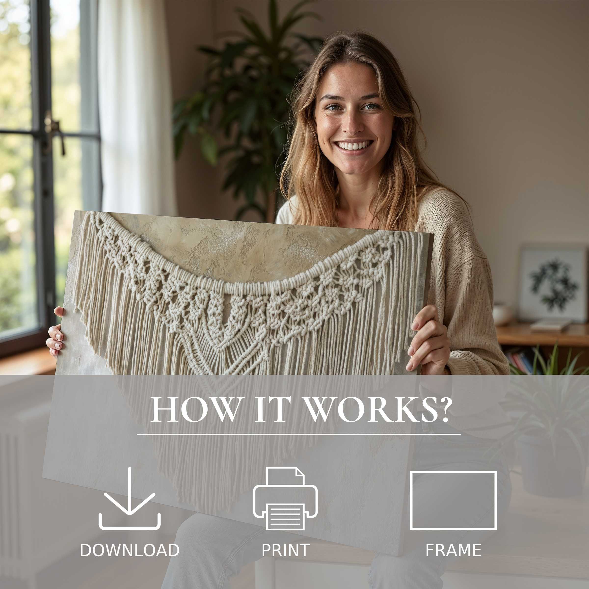 A joyful moment of connection with boho digital art print, blending natural textures in a sunlit modern home