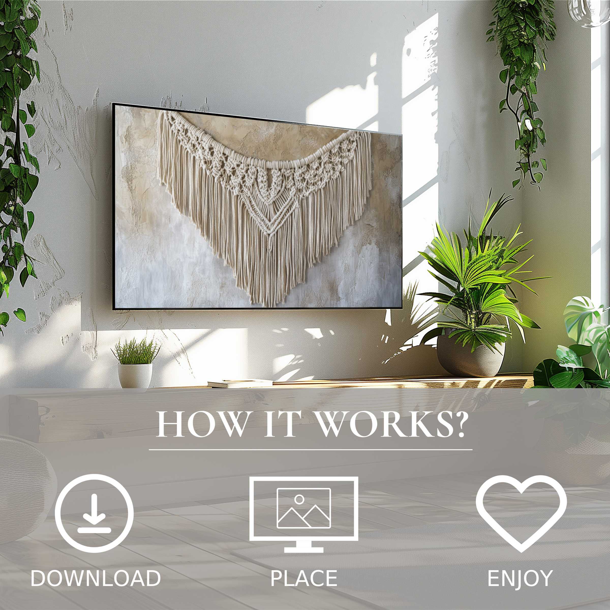 Boho art for Samsung TV in serene living space, featuring soft neutral tones and textured macramé motif, easy digital download