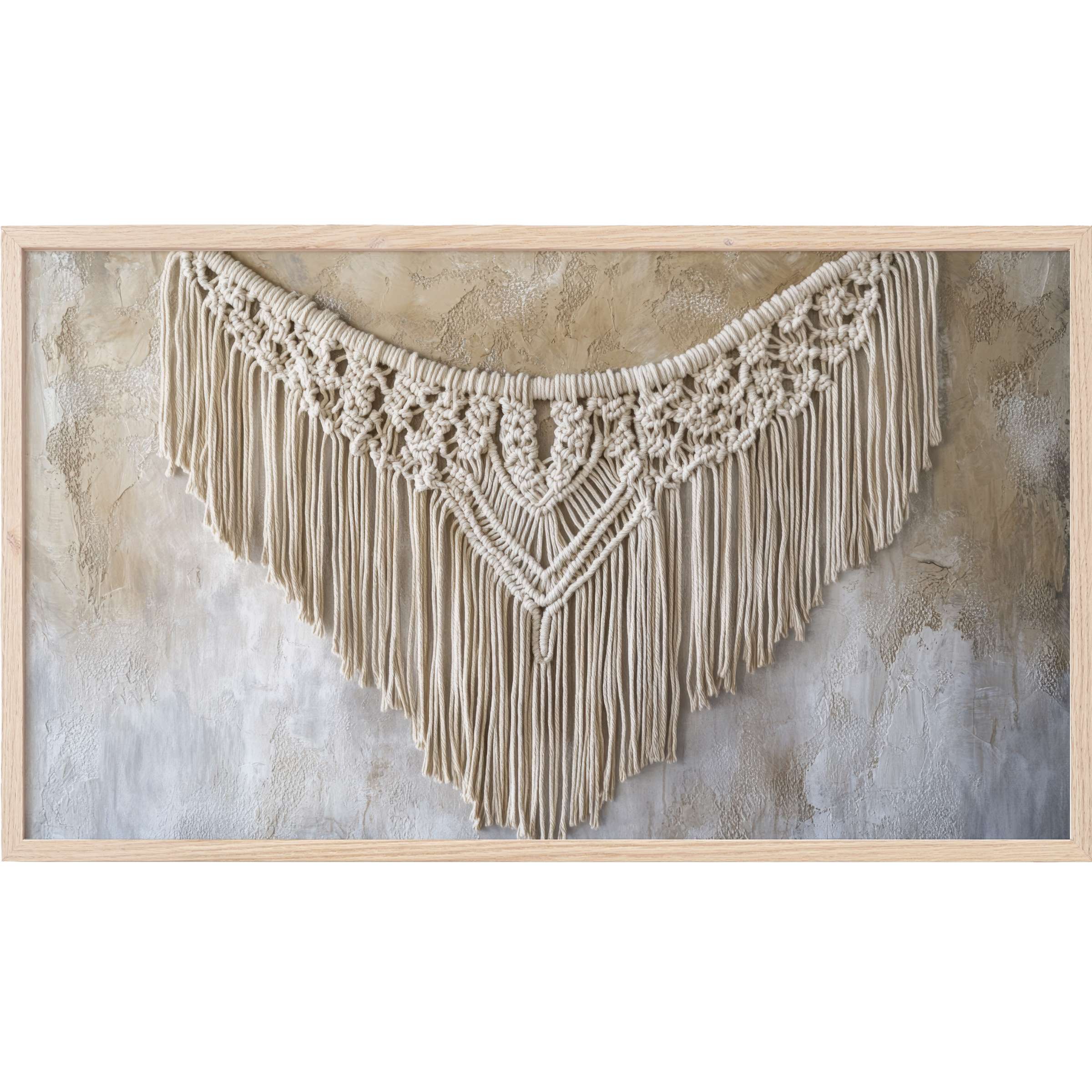 Elegant boho Frame TV Art with intricate cream macramé and textured beige-gray background in modern neutral tones