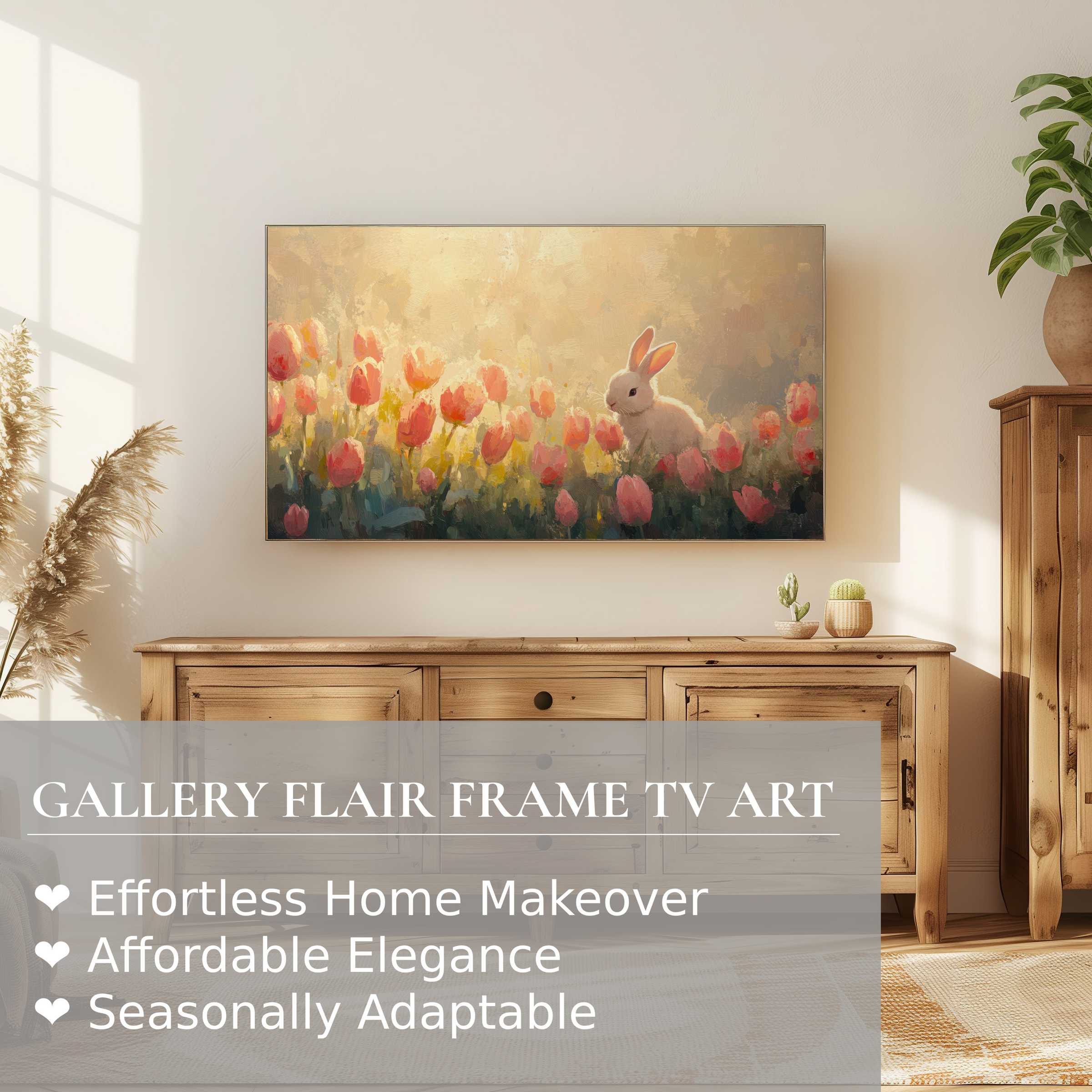 Samsung Frame TV showcasing soft, painterly easter digital artwork of a bunny amid tulips in a stylish modern setting