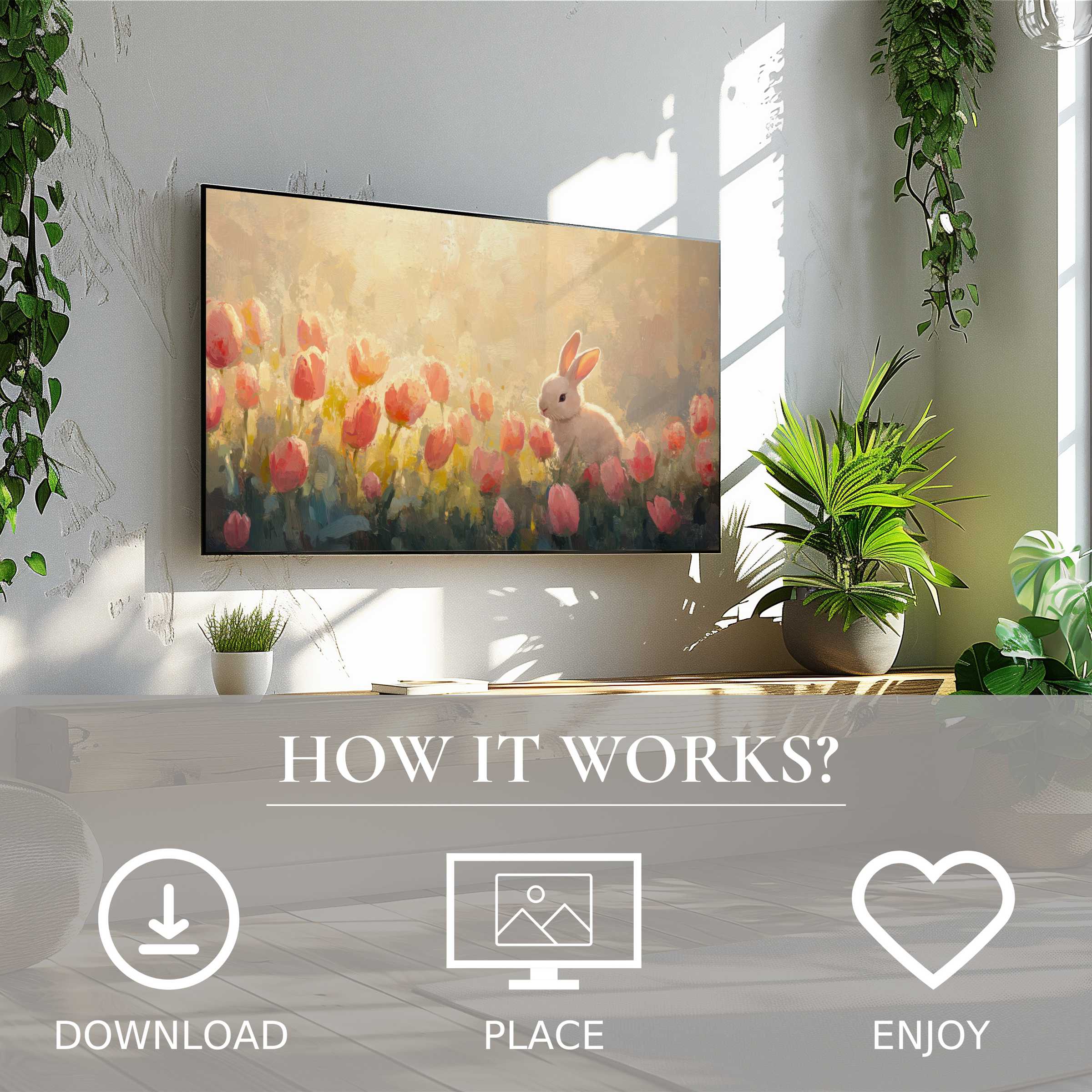 Bright easter art for Samsung TV shows soft sunset tones and a bunny, easy digital download to enhance modern spaces