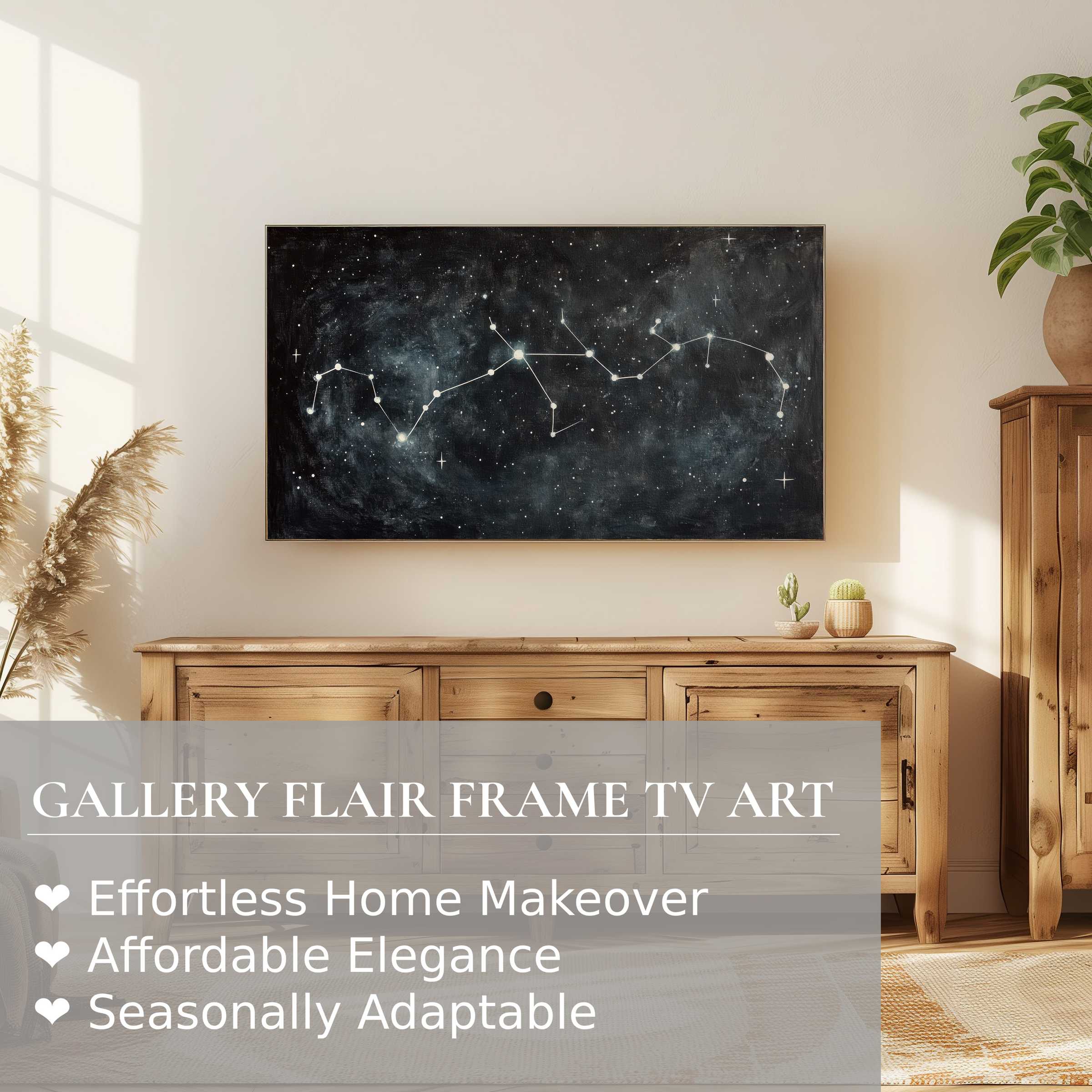 Samsung Frame TV displaying minimalist digital artwork of a starry constellation in a warm, elegant living room