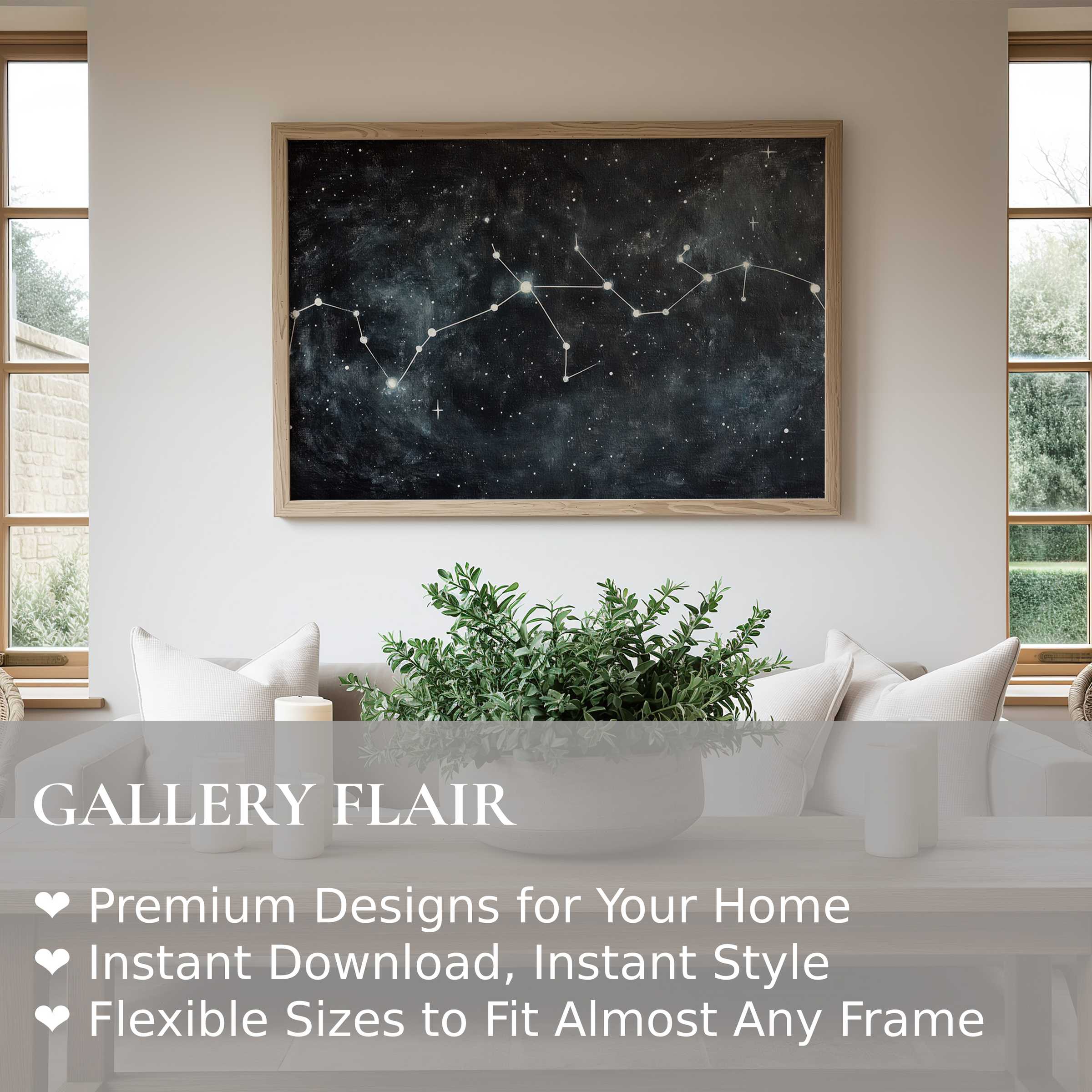 Minimalist wall art print featuring a serene star constellation on a deep cosmic backdrop, elevating modern Scandinavian interiors with calming celestial elegance
