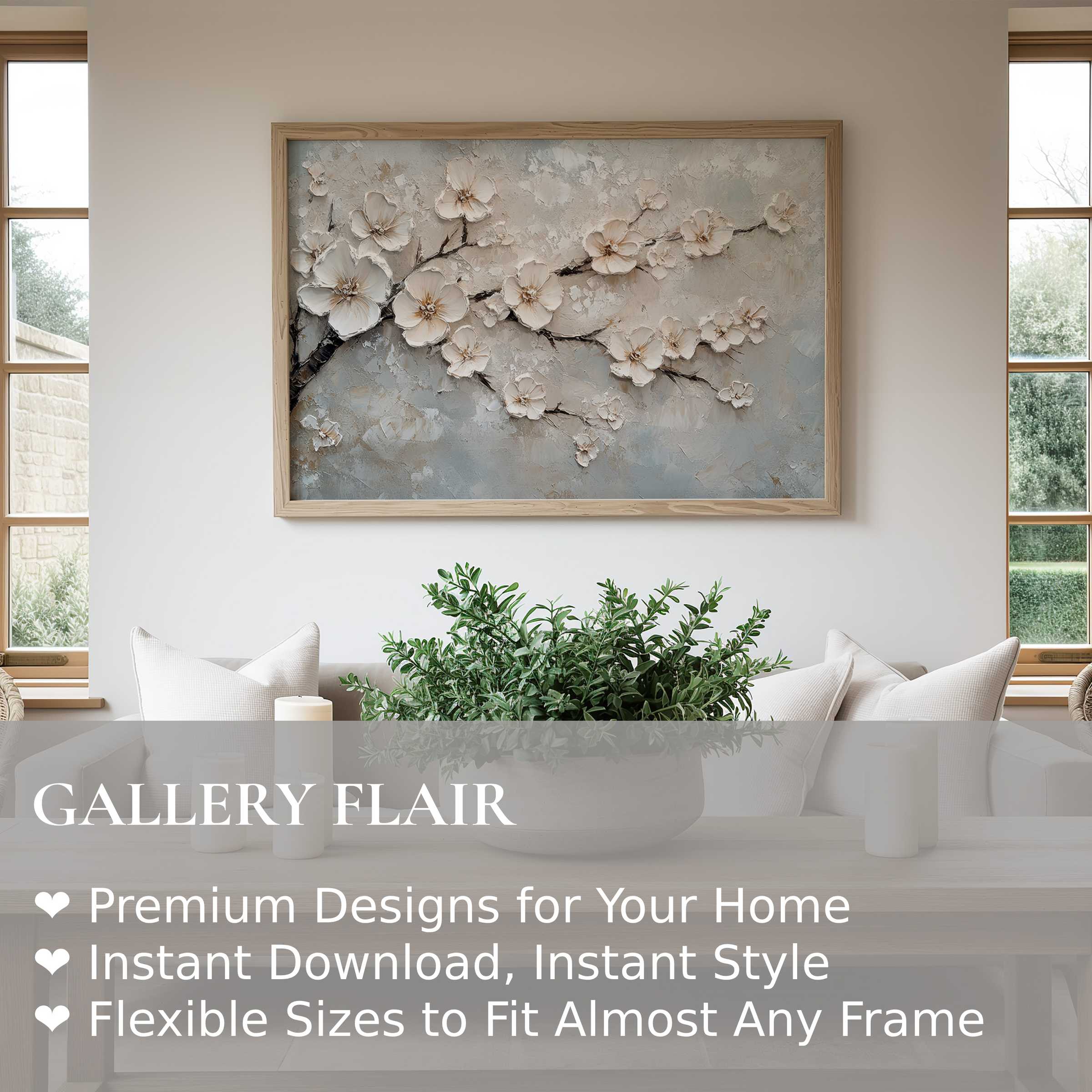 Vintage wall art print of delicate textured cherry blossoms brings radiant calm to a modern minimalist living room, enhancing serene elegance
