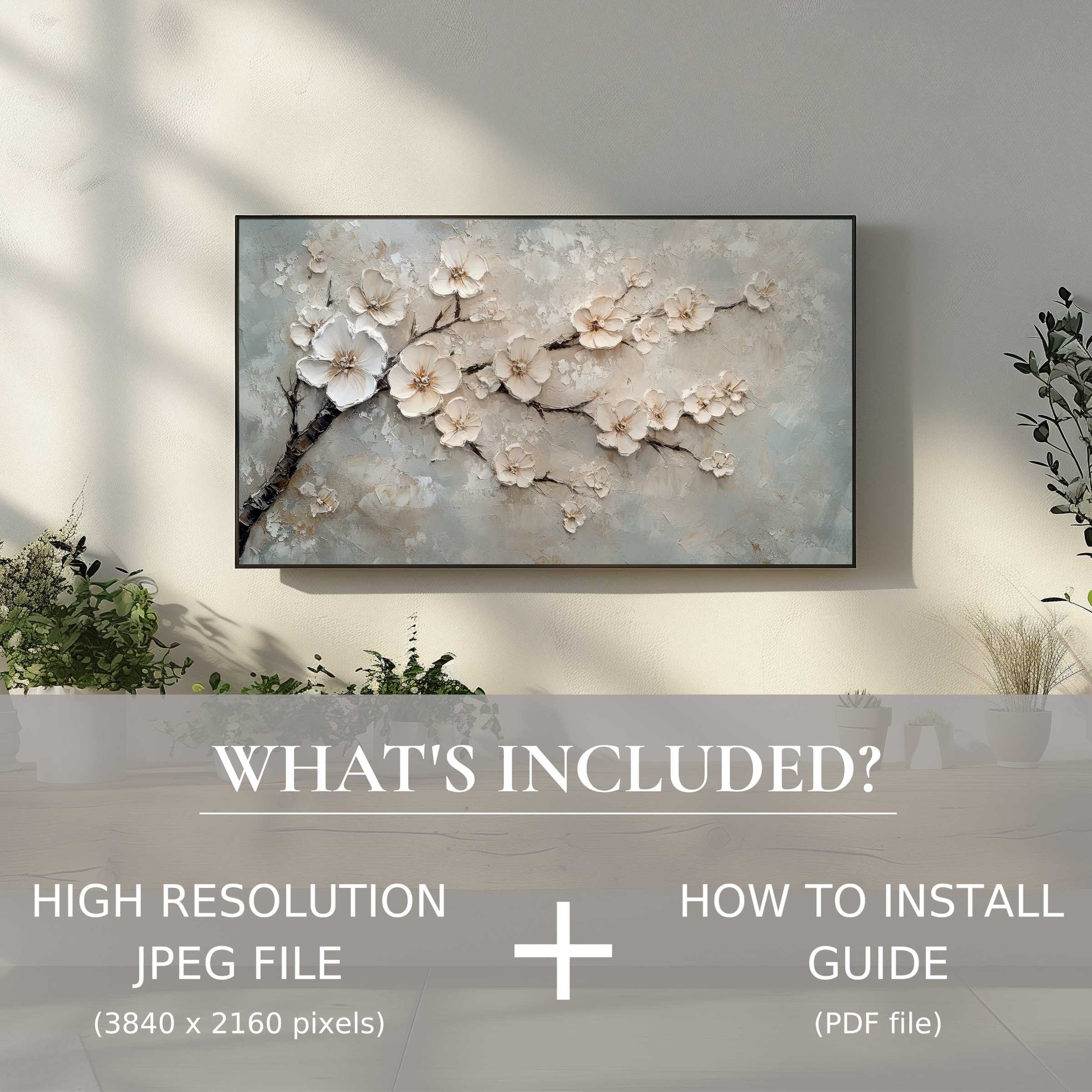 Elegant vintage digital TV art download of floral relief enhances modern living spaces with effortless digital use