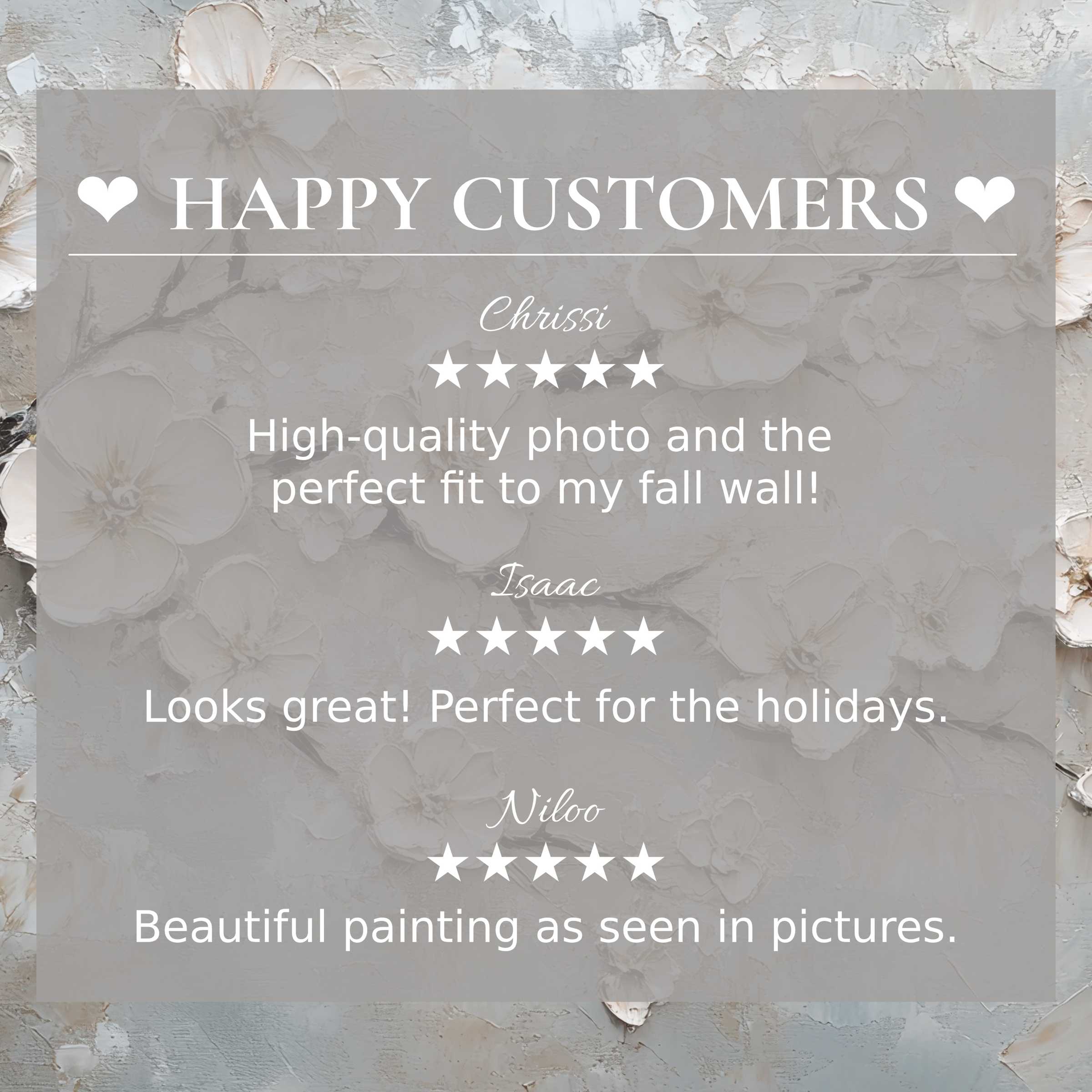 Vintage art for Frame TV with soft floral textures, highlighting happy customer praise and elegant, trustworthy design