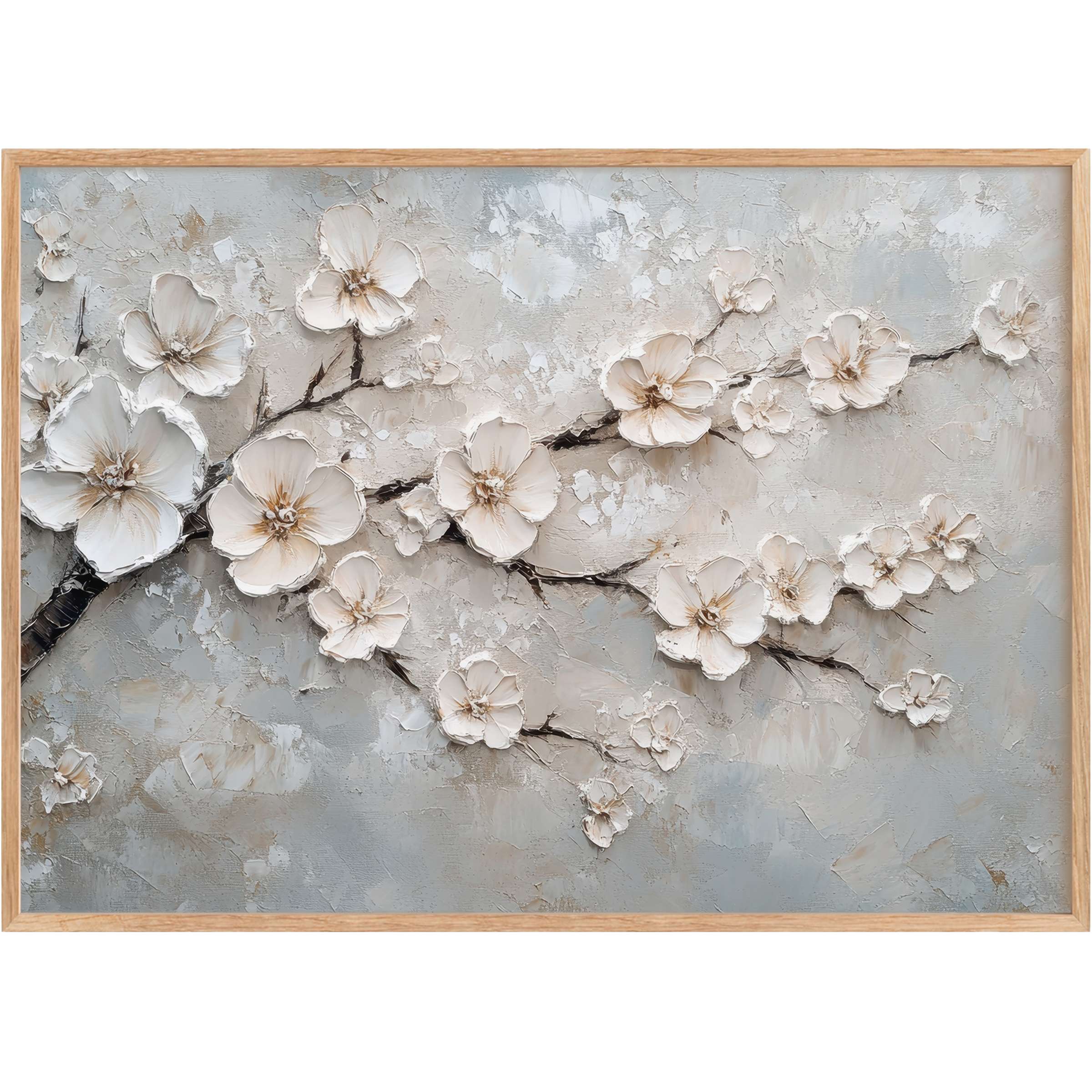 Vintage printable wall art of delicate cream blossoms on textured gray branches, evoking a serene, timeless elegance in any room