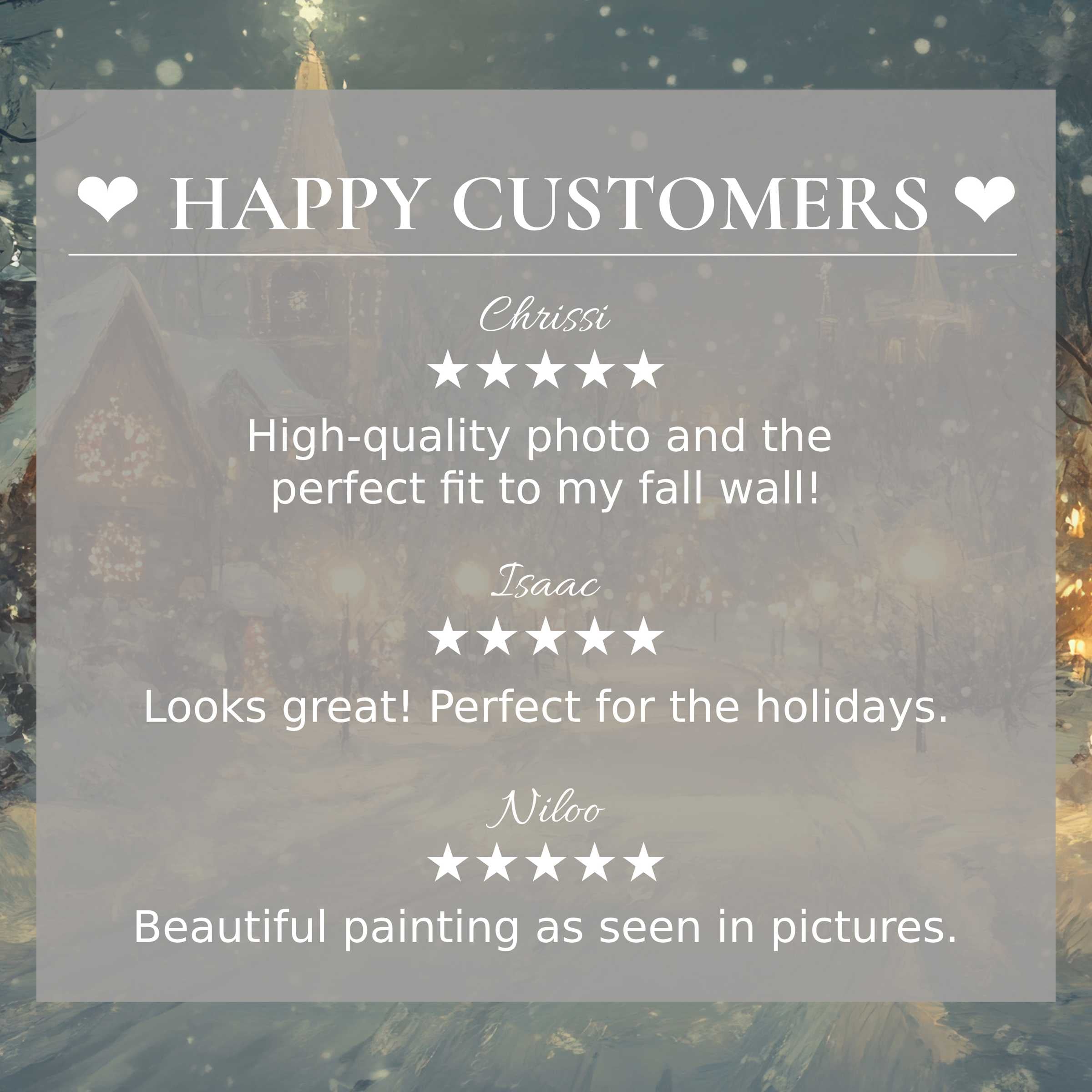 Elegant christmas art for Frame TV with soft church scene background, showcasing happy customer reviews and refined trust-building design