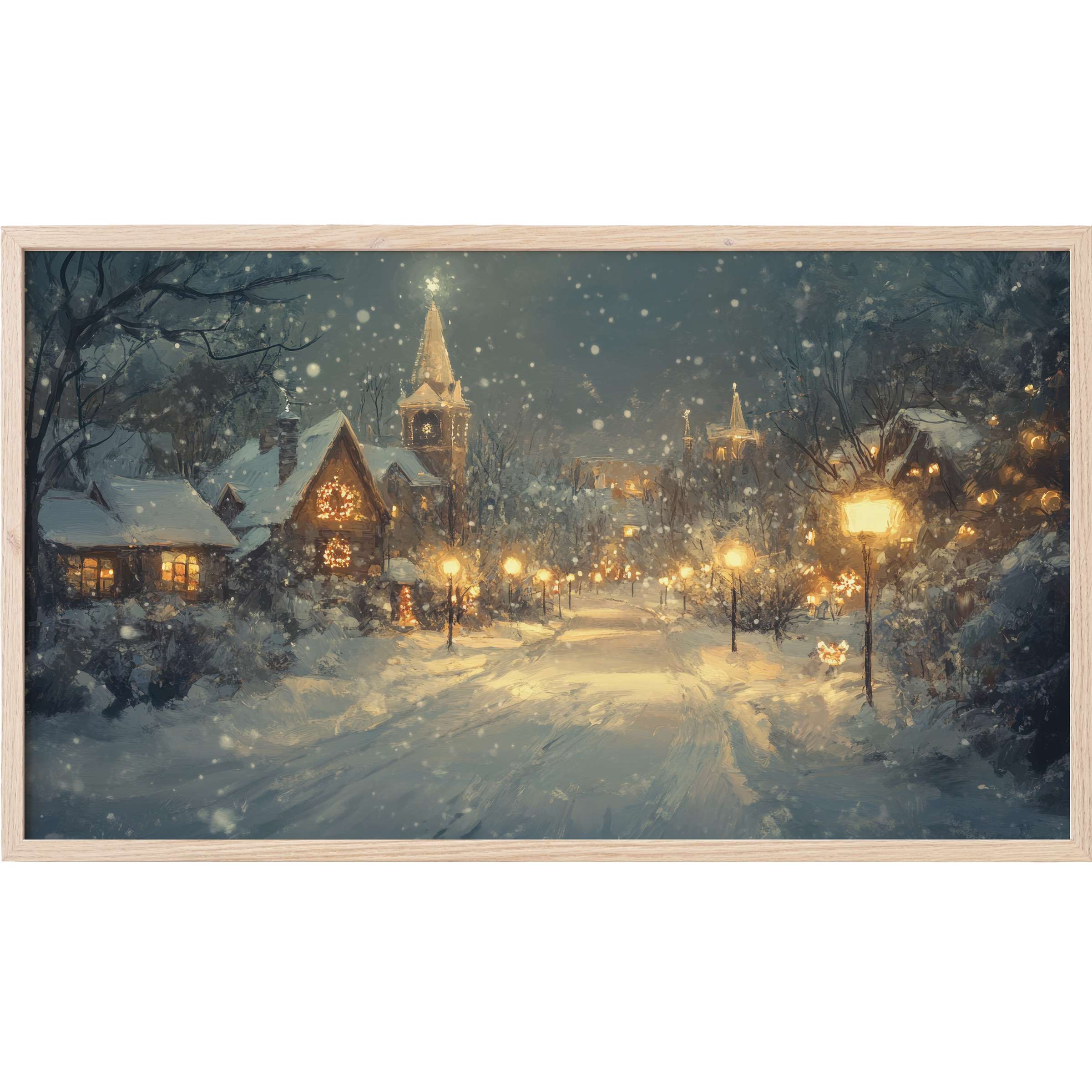 Winter village scene aglow with warm lights under soft snowfall in muted blues and golds, elegant christmas Frame TV Art