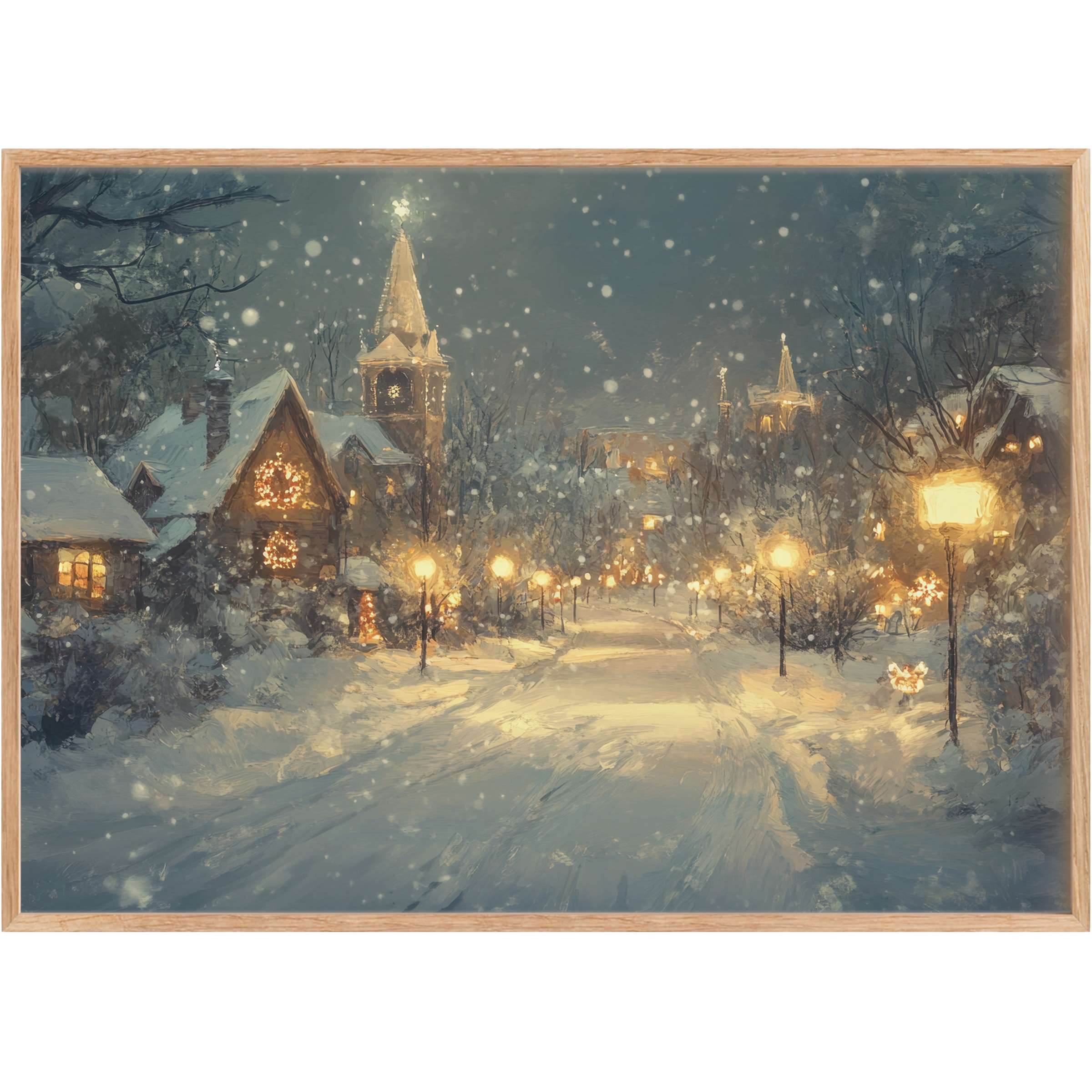 Enchanting Christmas printable wall art evokes a serene snowy village glow with warm golden lights, inspiring cozy festive elegance
