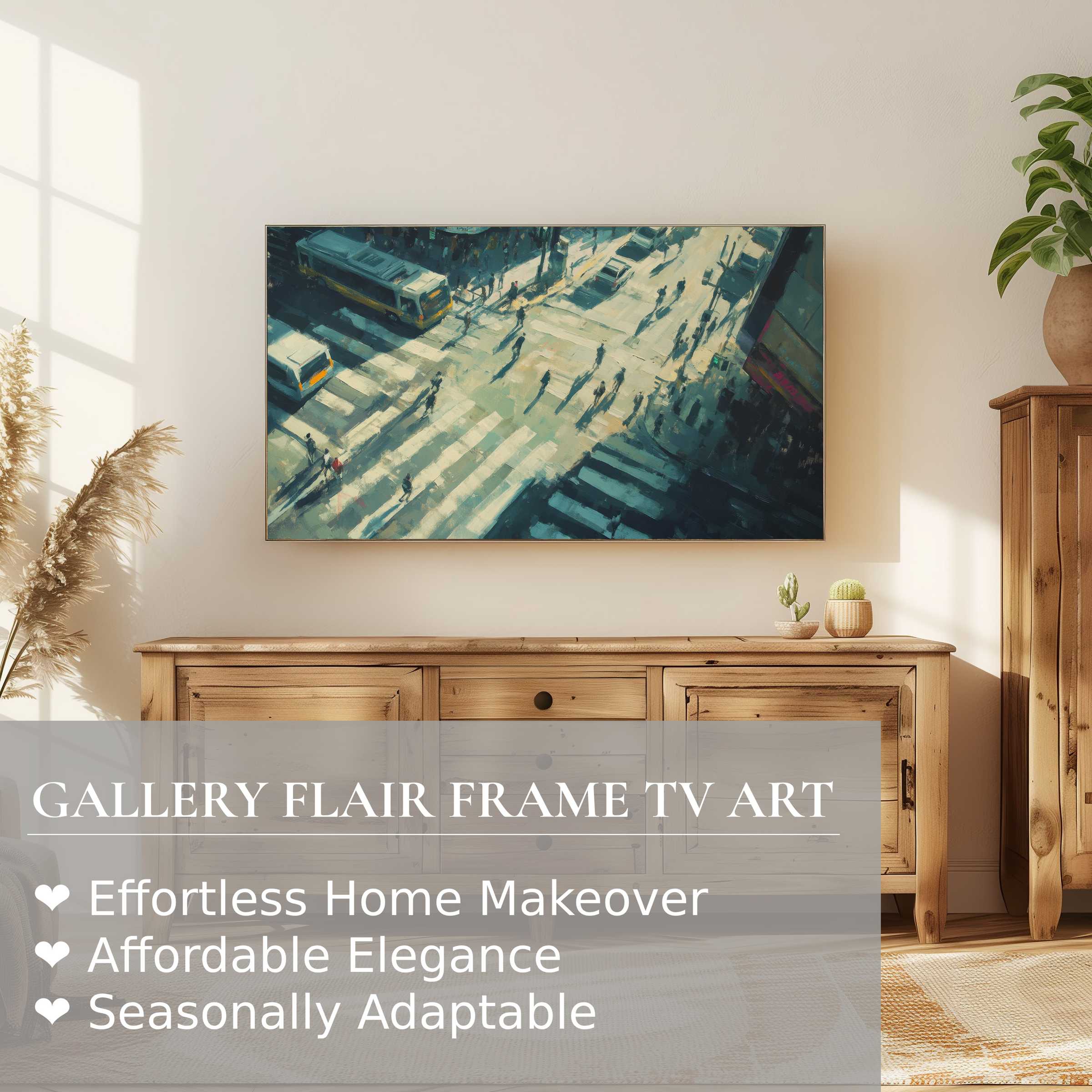Samsung Frame TV displaying urban digital artwork of a sunlit cityscape in a refined, modern living space