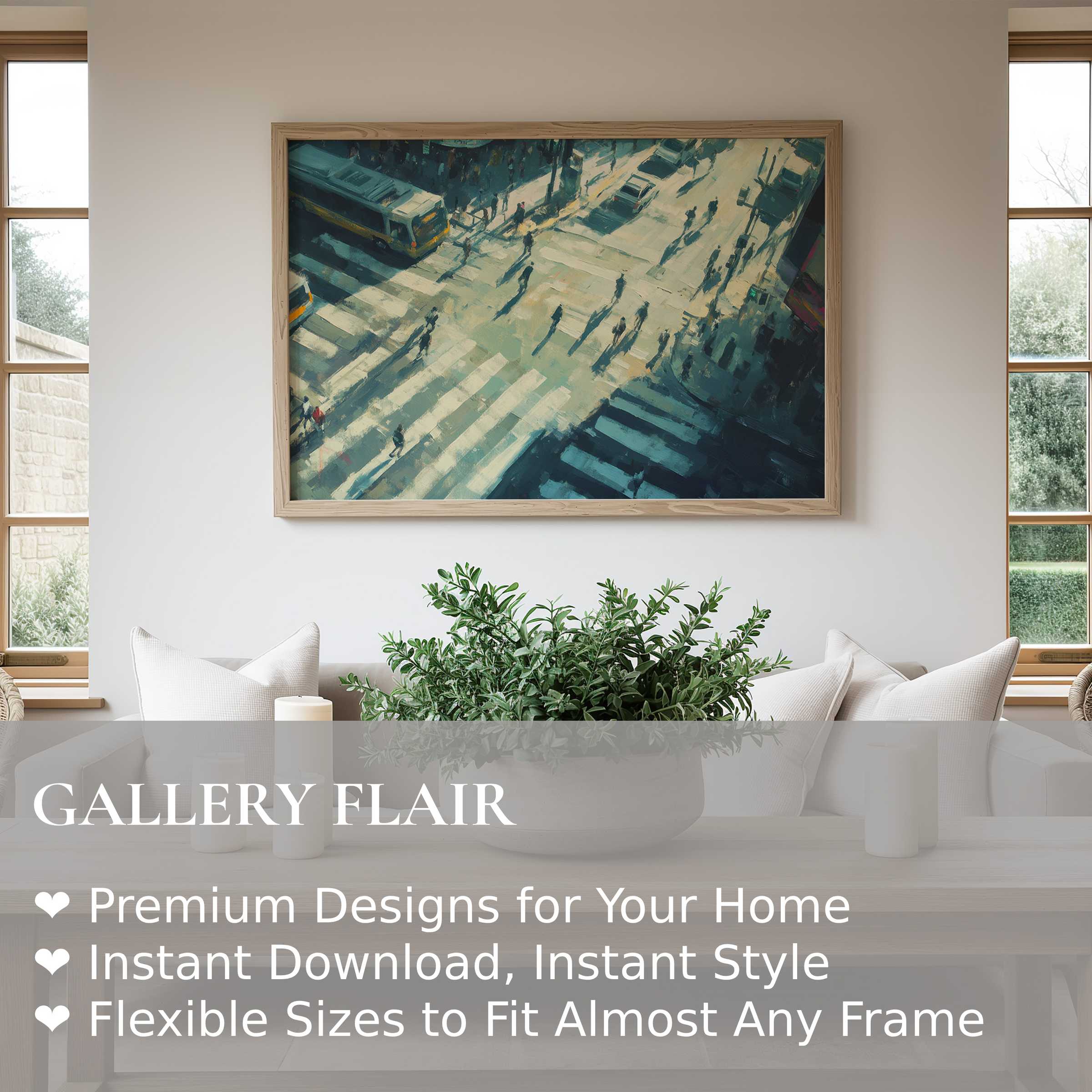 Urban art wall art print capturing a bold city crosswalk scene with dynamic shadows, enhancing minimalist and modern living spaces