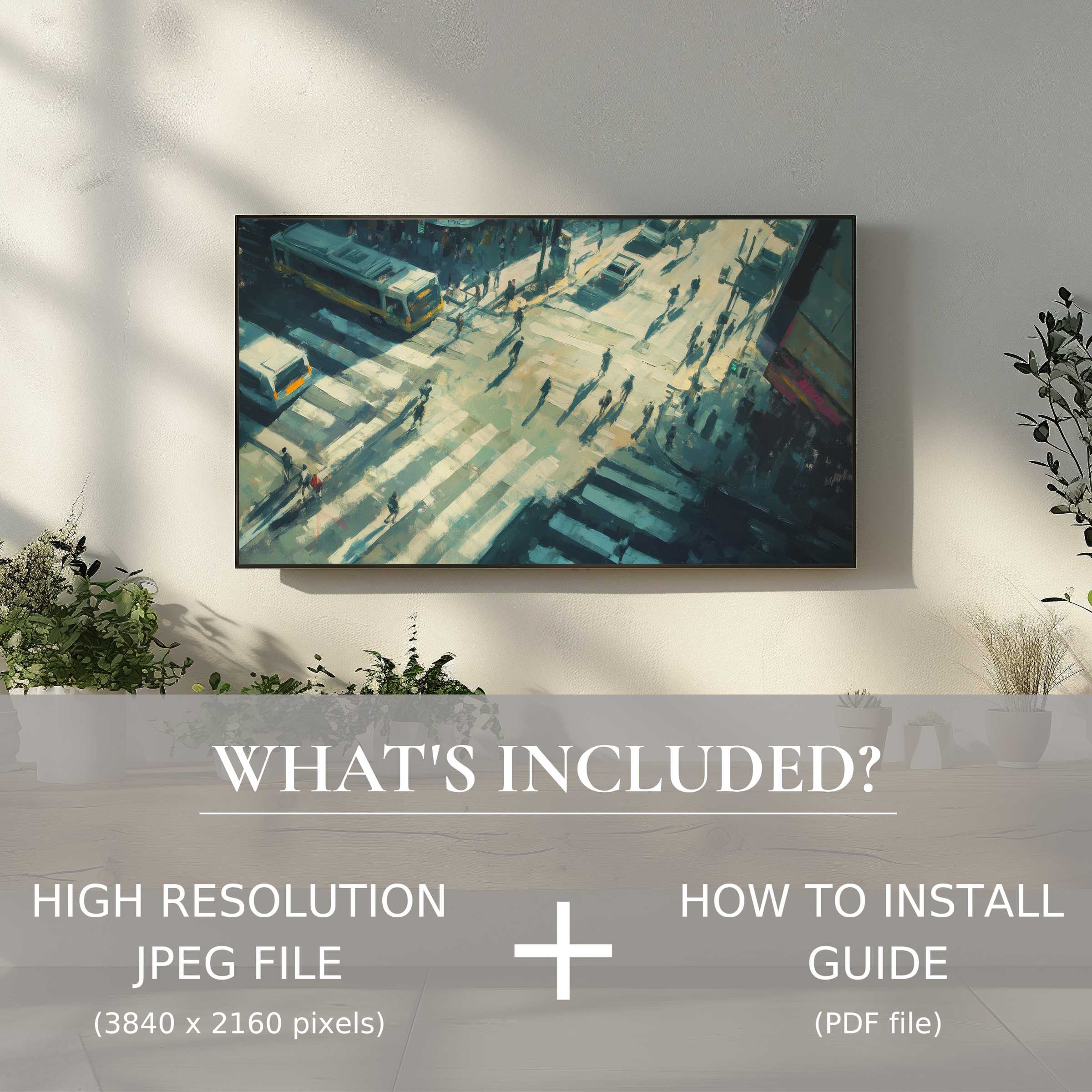 Elegant urban digital TV art download brightens modern living spaces with easy high-res JPEG and install guide