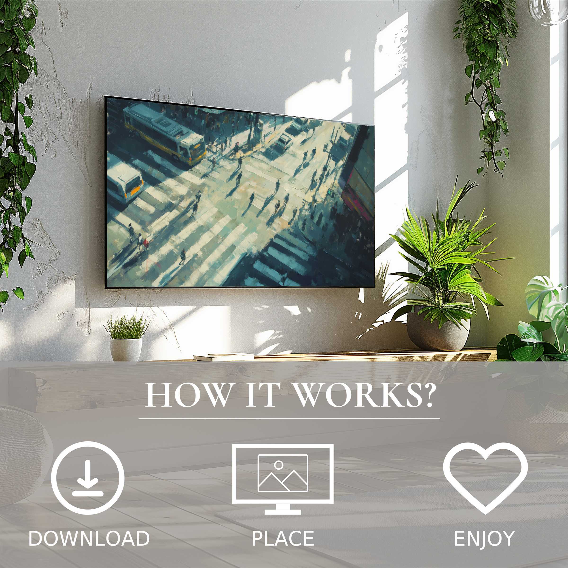 Modern living room with easy digital download; urban art for Samsung TV shows dynamic city crossing motif