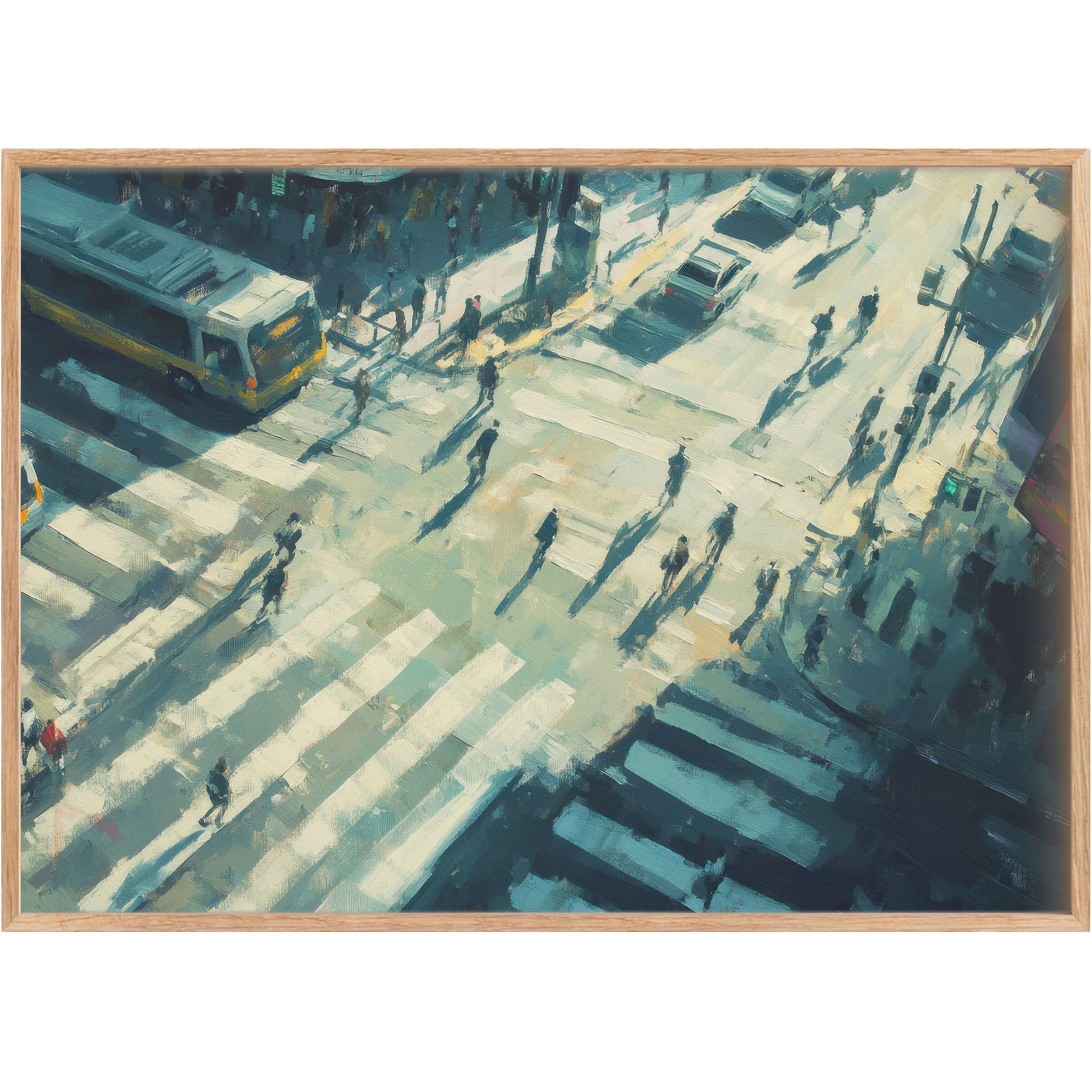 Sunlit urban printable wall art capturing a serene city crosswalk in soft blues and warm yellows, evoking calm and quiet sophistication