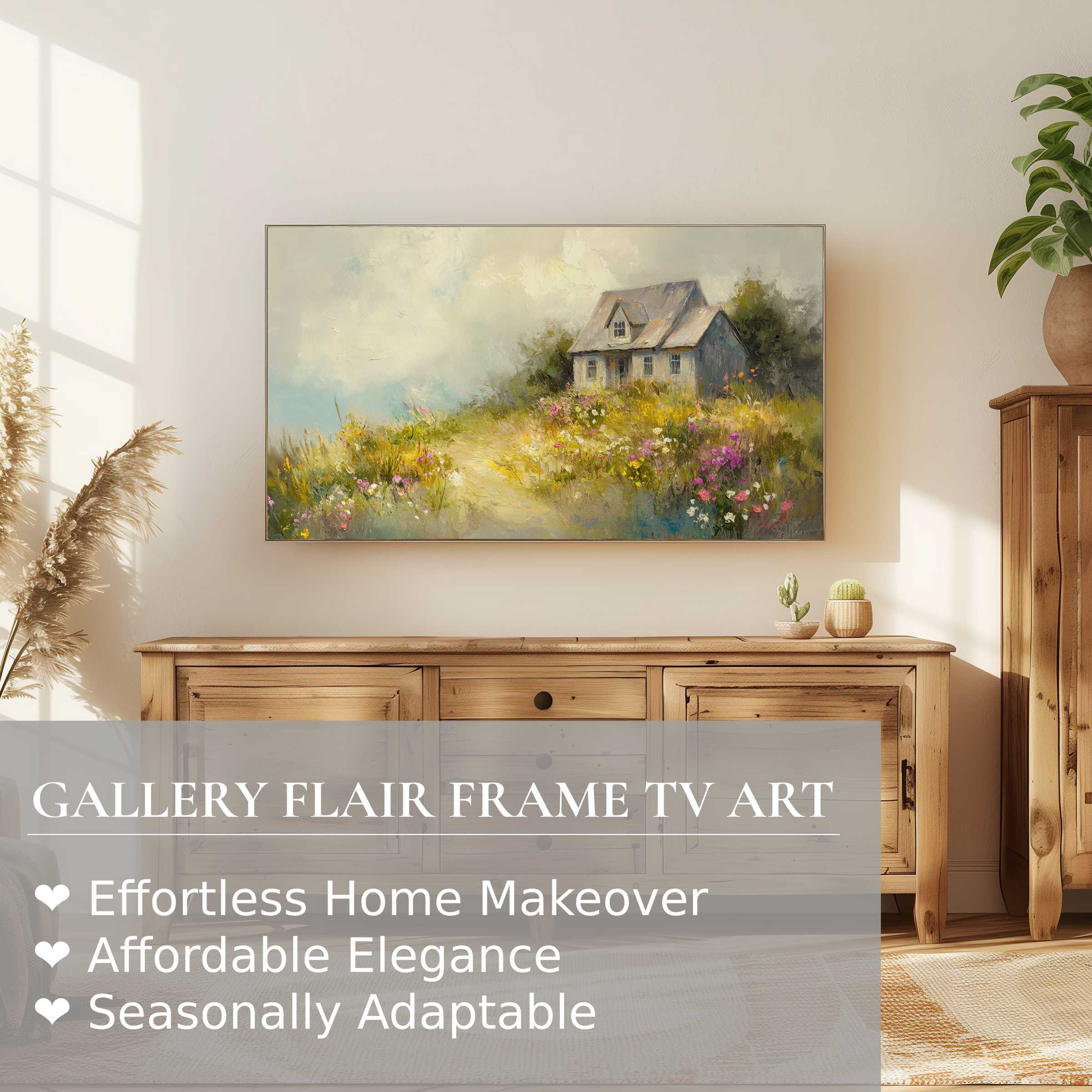 Samsung Frame TV displaying coastal digital artwork in a serene, modern living space with natural wood accents