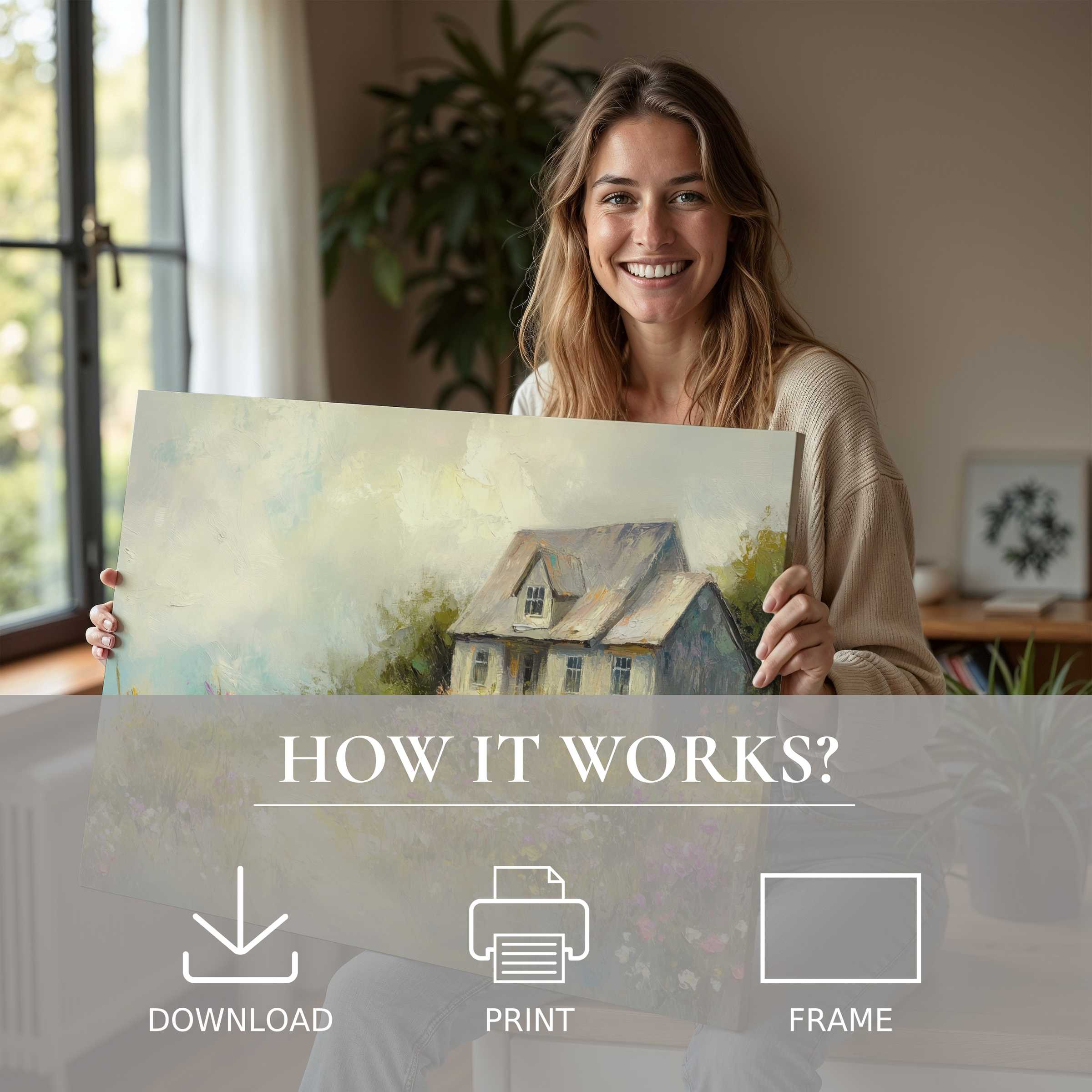 Coastal digital art print evokes serene warmth in a modern home, celebrating effortless beauty and joyful connection with art