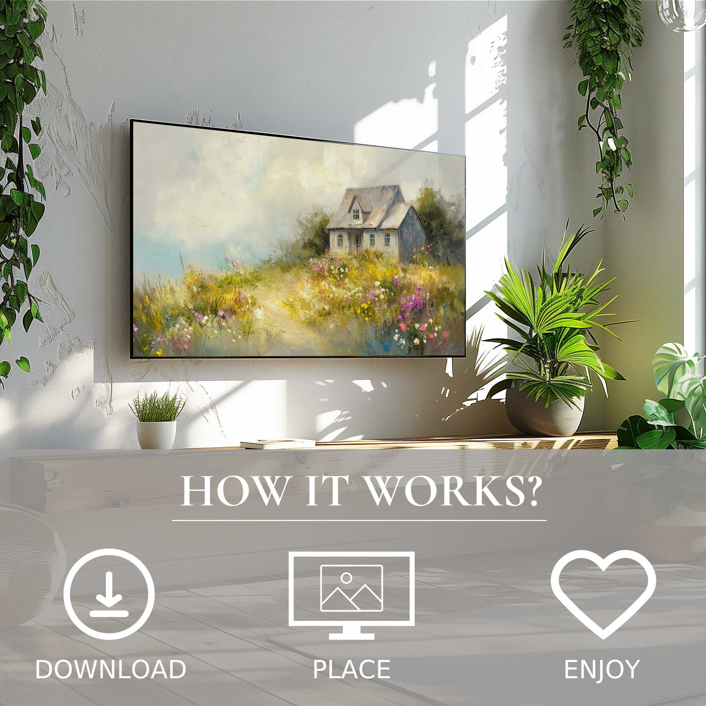 Coastal art for Samsung TV showing soft sunset tones, easy digital download enriches modern living spaces