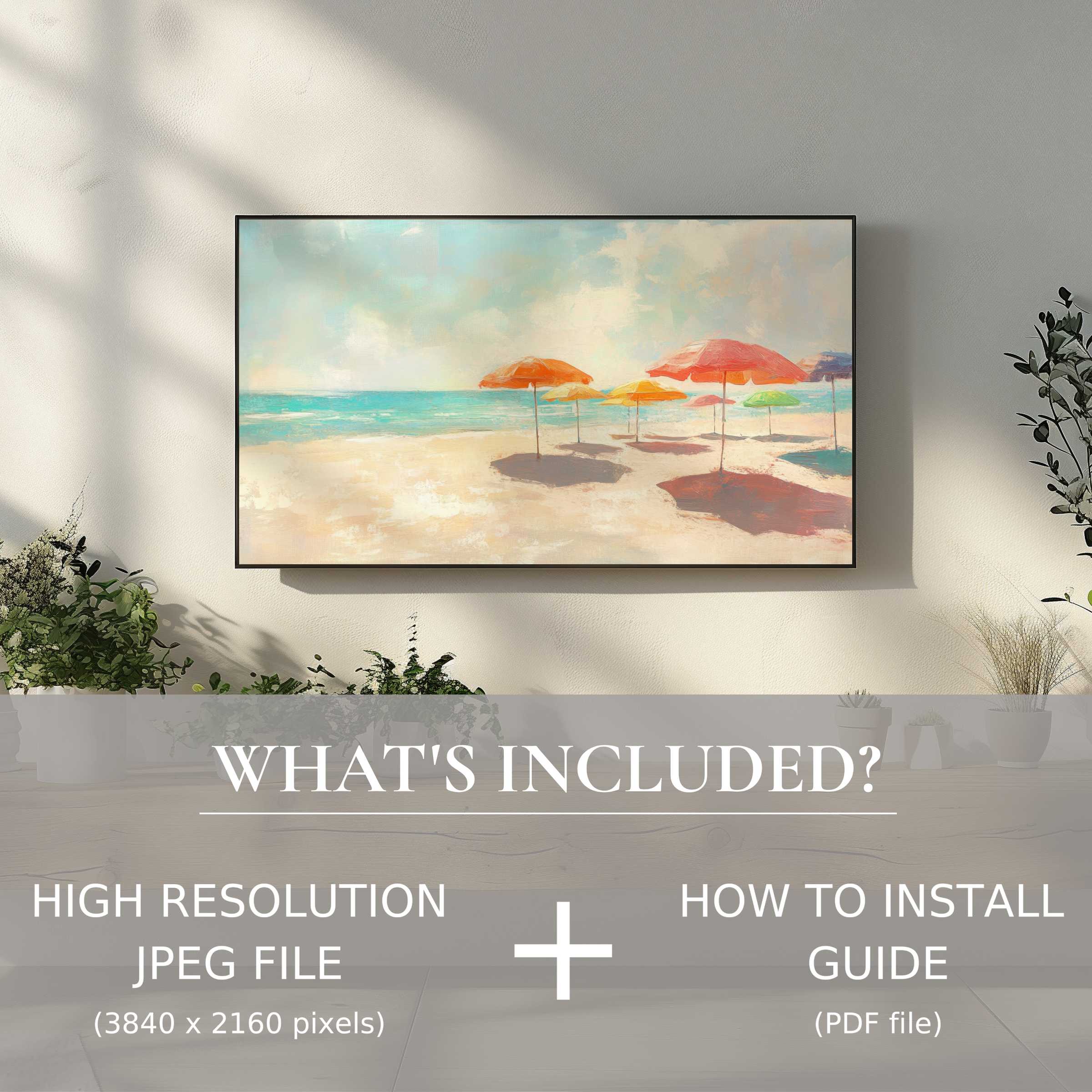 Modern living space with serene beach scene displayed, summer digital TV art download enhances style, easy use
