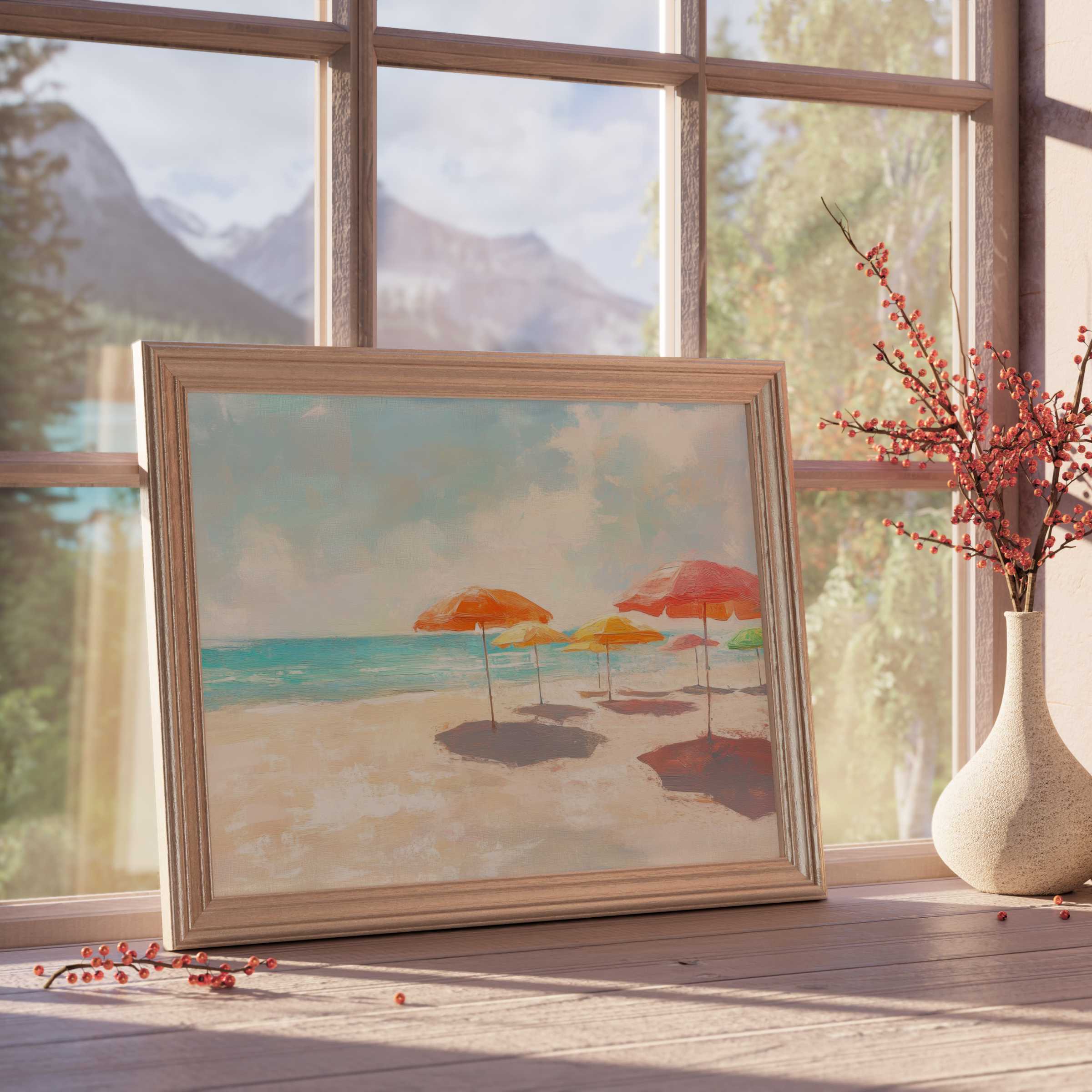 Summer downloadable art capturing tranquil beach scenes with vibrant umbrellas, perfect for curated, sunlit interiors
