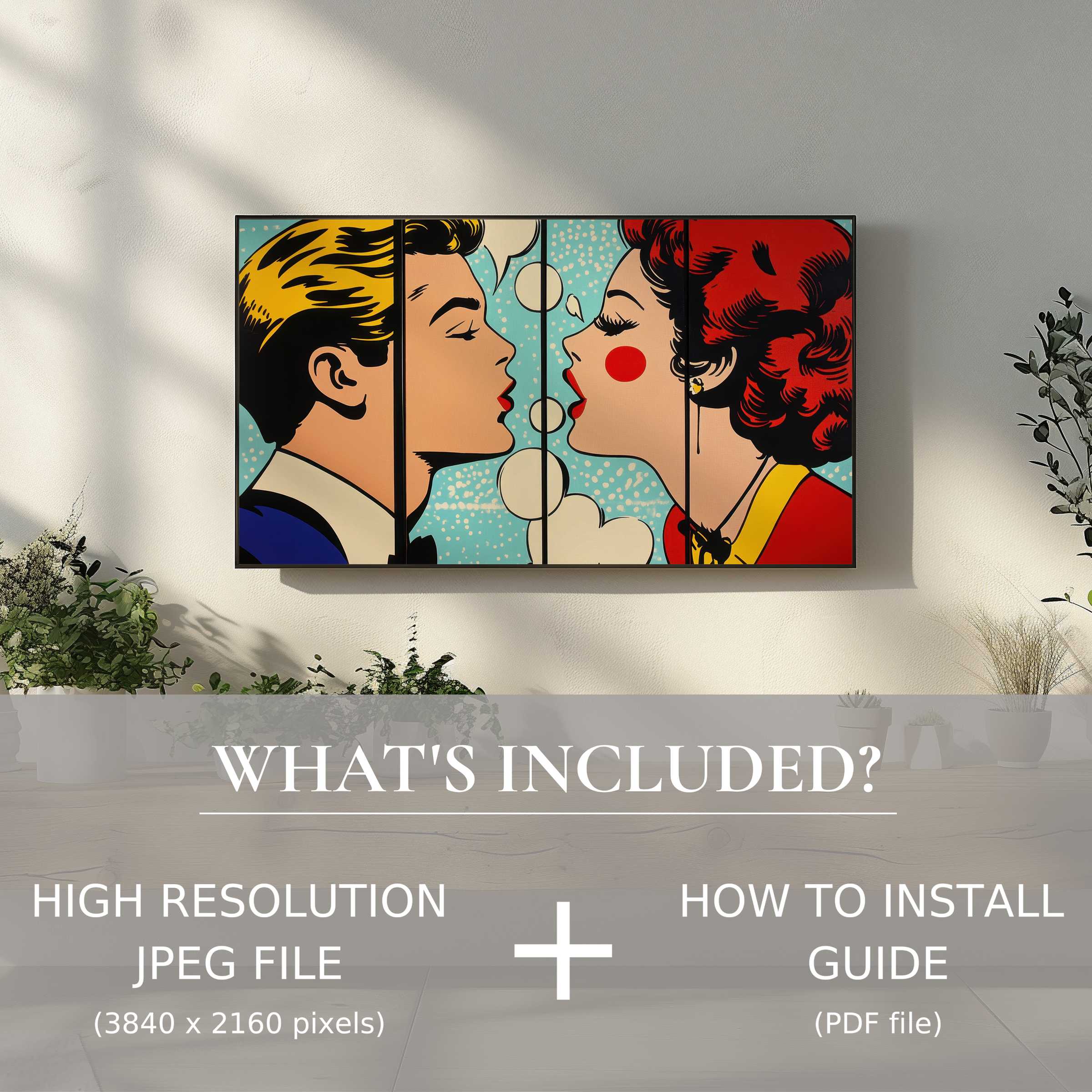 Elegant living room with vibrant pop art digital TV art download, easy use brightening stylish home spaces