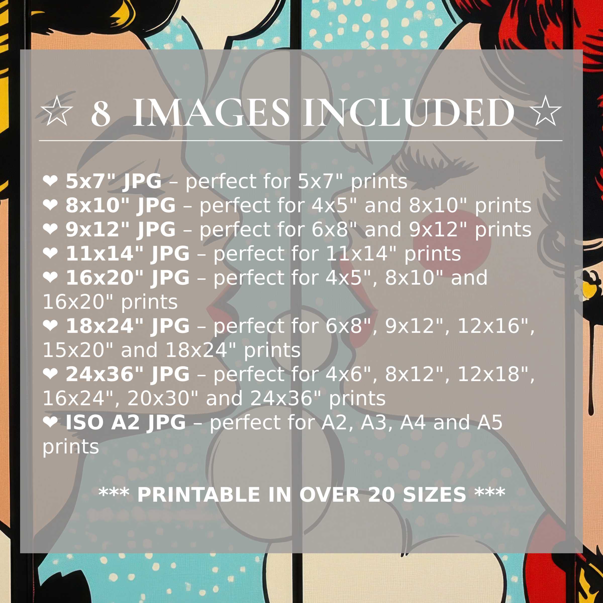 Radiant pop art digital print in vibrant reds and soft blues, elevating modern interiors with 8 high-quality sizes included