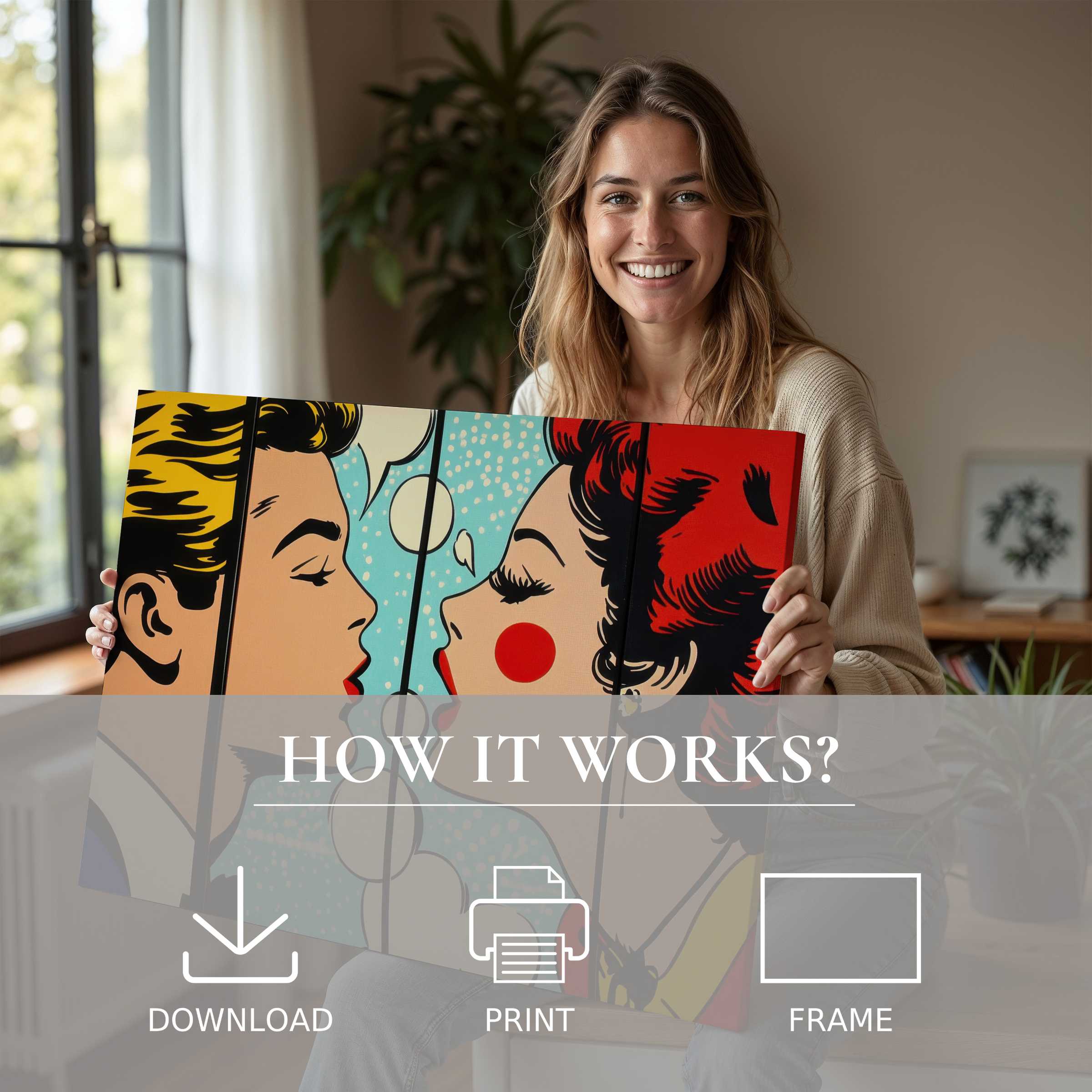 Bright pop art digital art print evokes joy and connection, bringing effortless elegance and vibrancy to a serene modern home