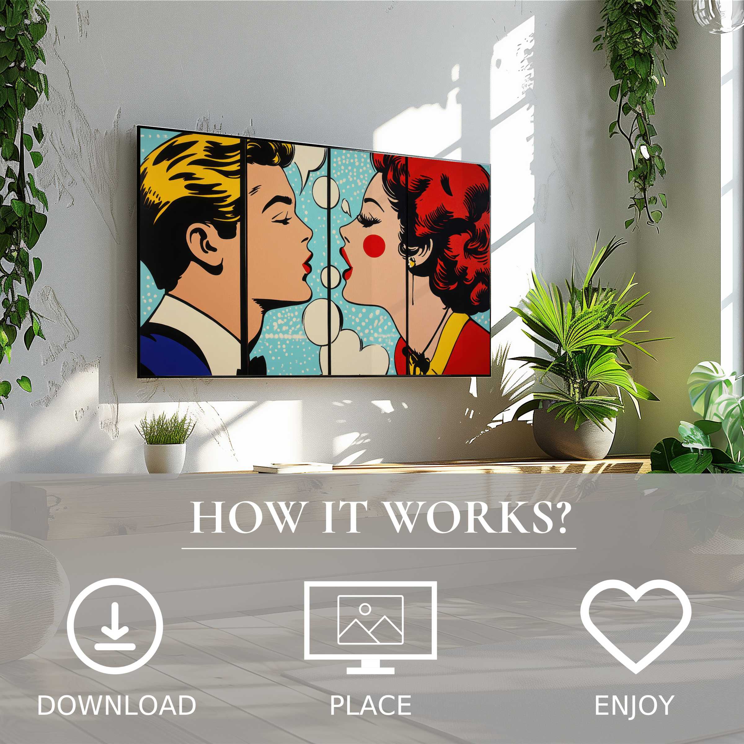 Pop art art for Samsung TV with bold color flow; easy digital download enriches modern living spaces instantly