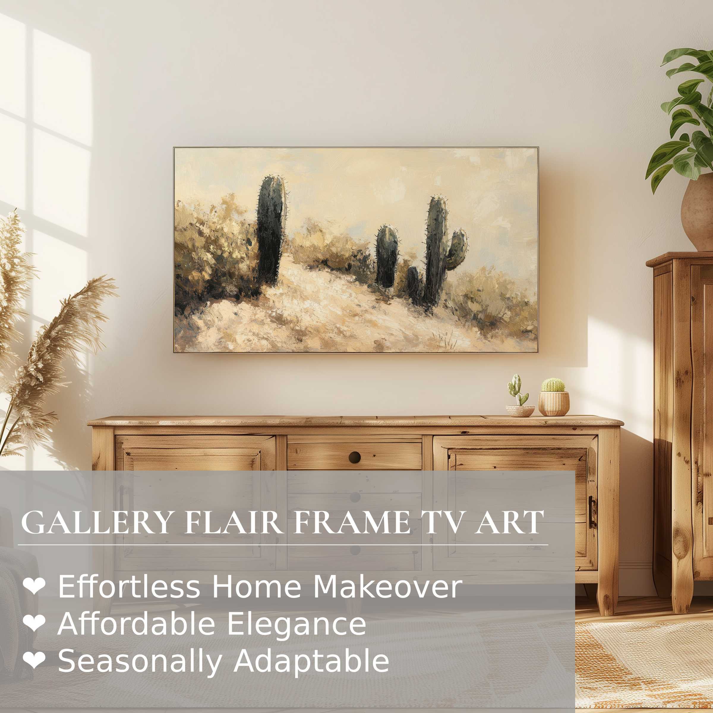 Samsung Frame TV displaying a refined landscape digital artwork of muted desert cacti in a modern setting