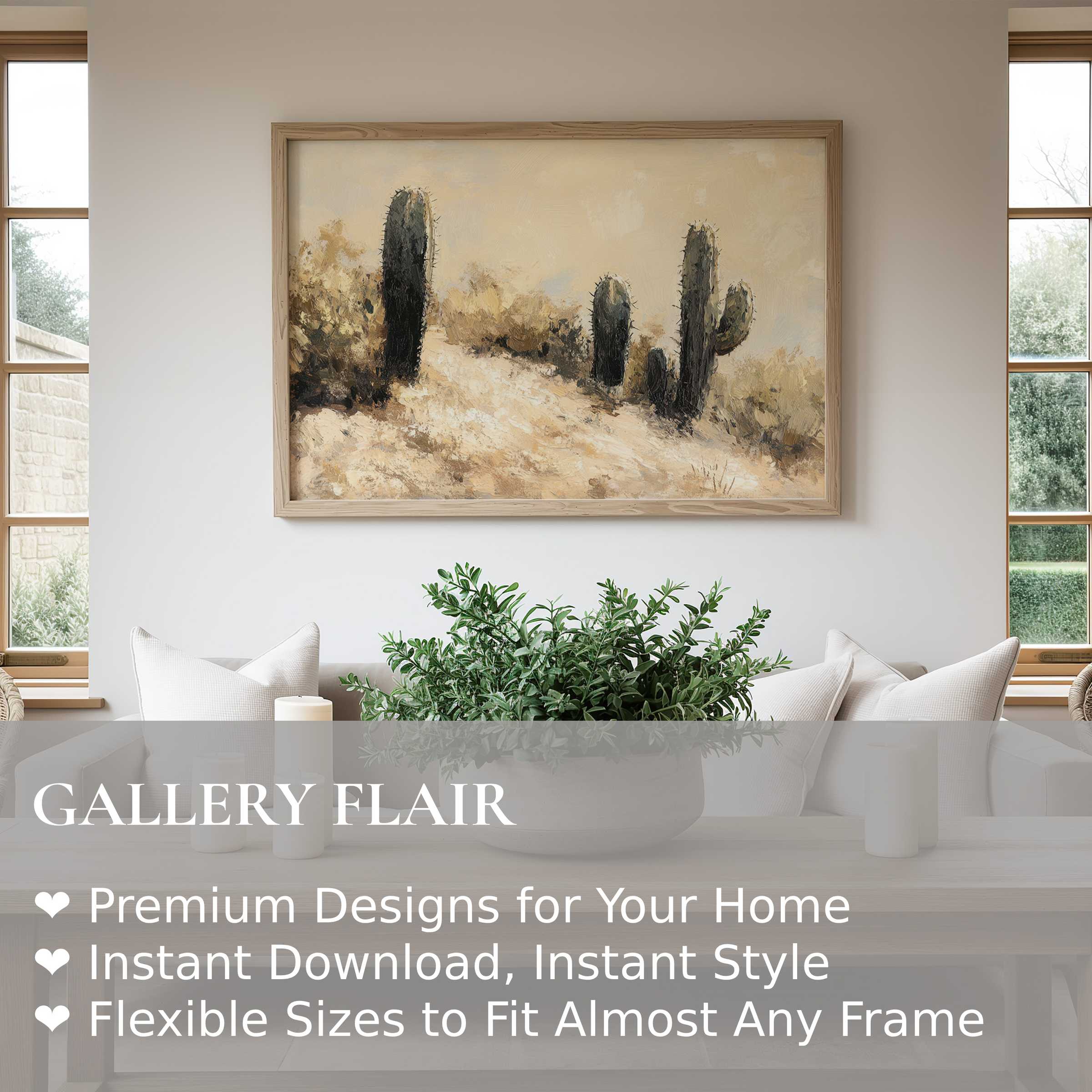 Desert landscape wall art print with textured cacti in warm neutrals, enhancing serene, modern minimalist living spaces
