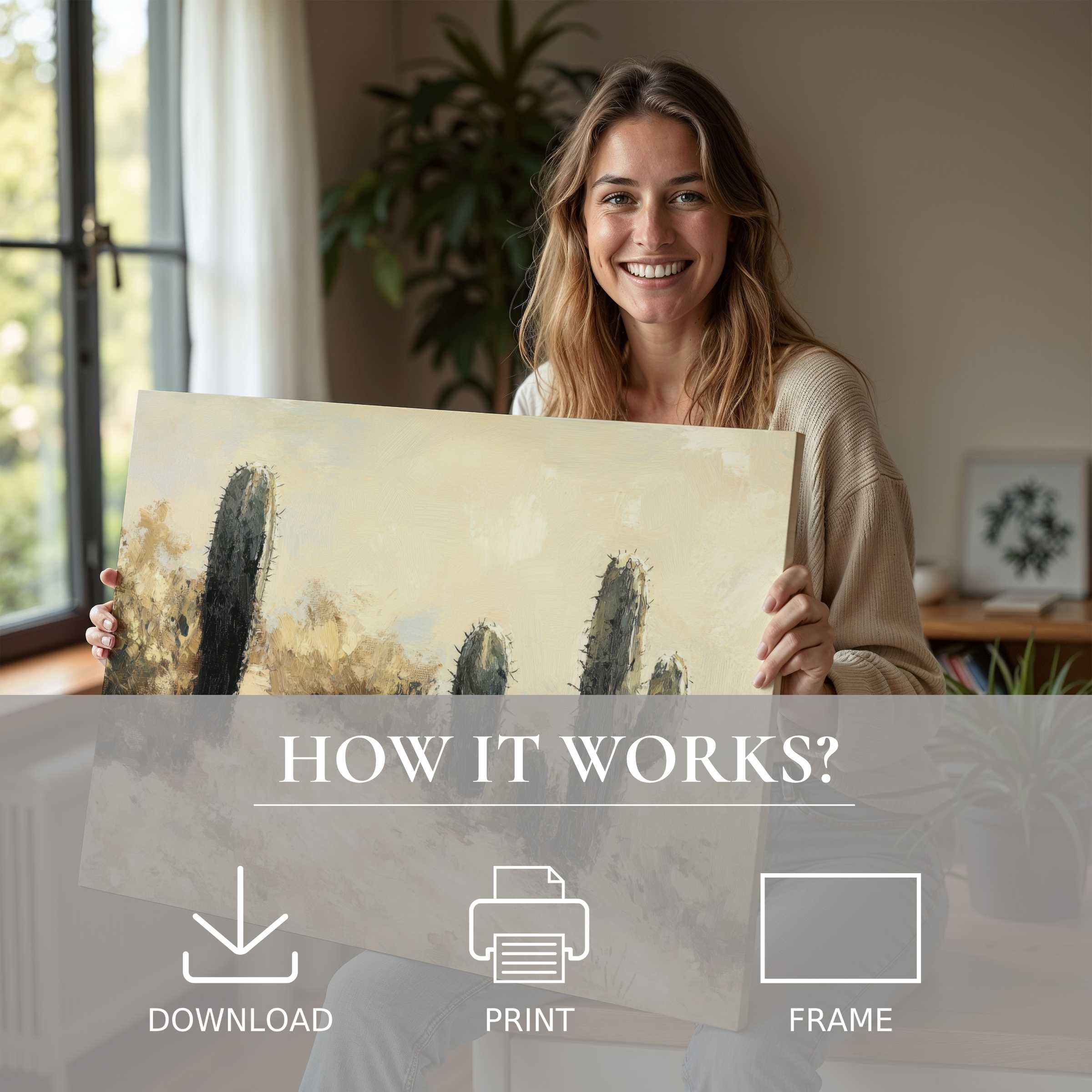A serene moment of joy as a woman shares a warm desert landscape digital art print in her stylish, sunlit home