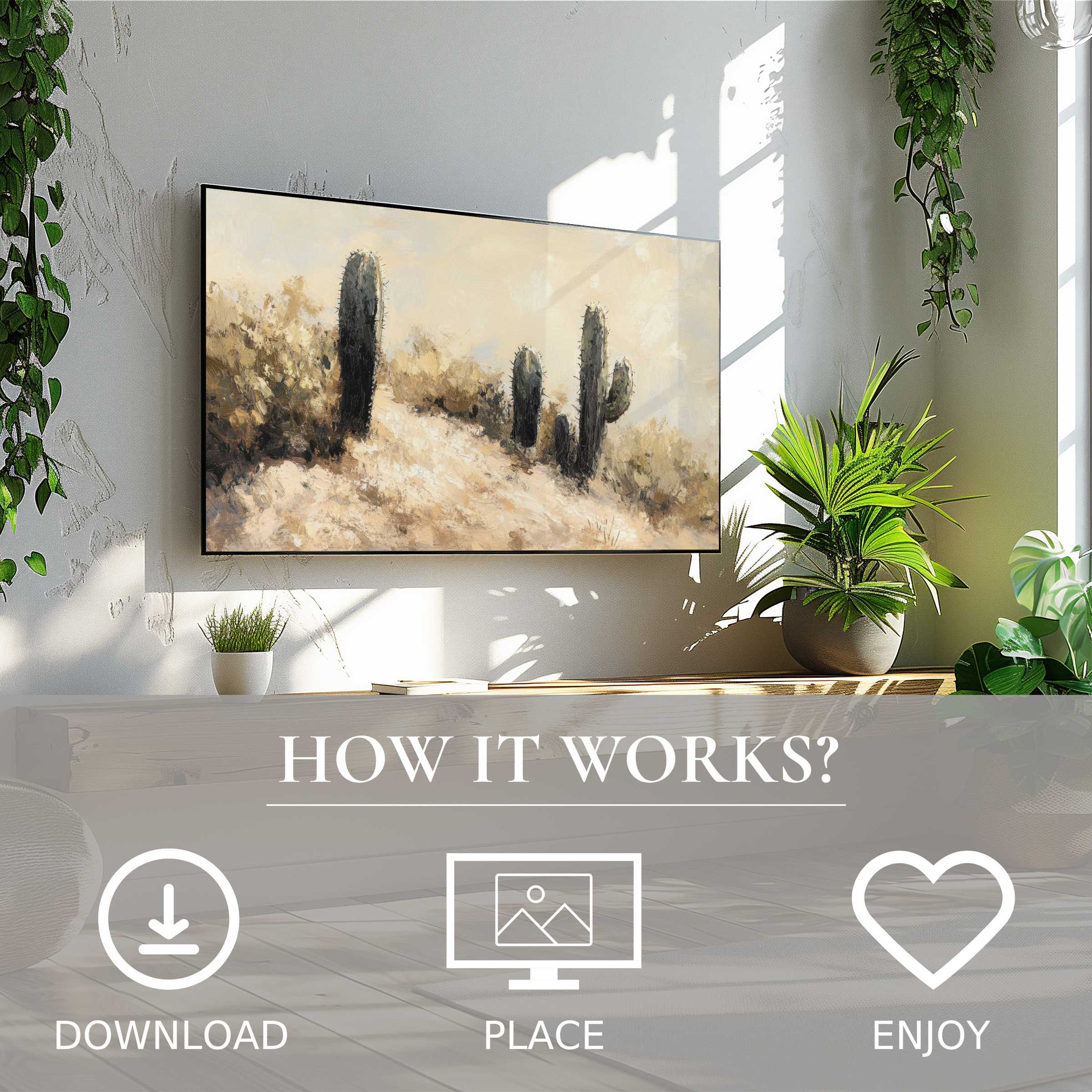 Landscape art for Samsung TV with soft desert tones enriches minimalist spaces; easy digital download and display