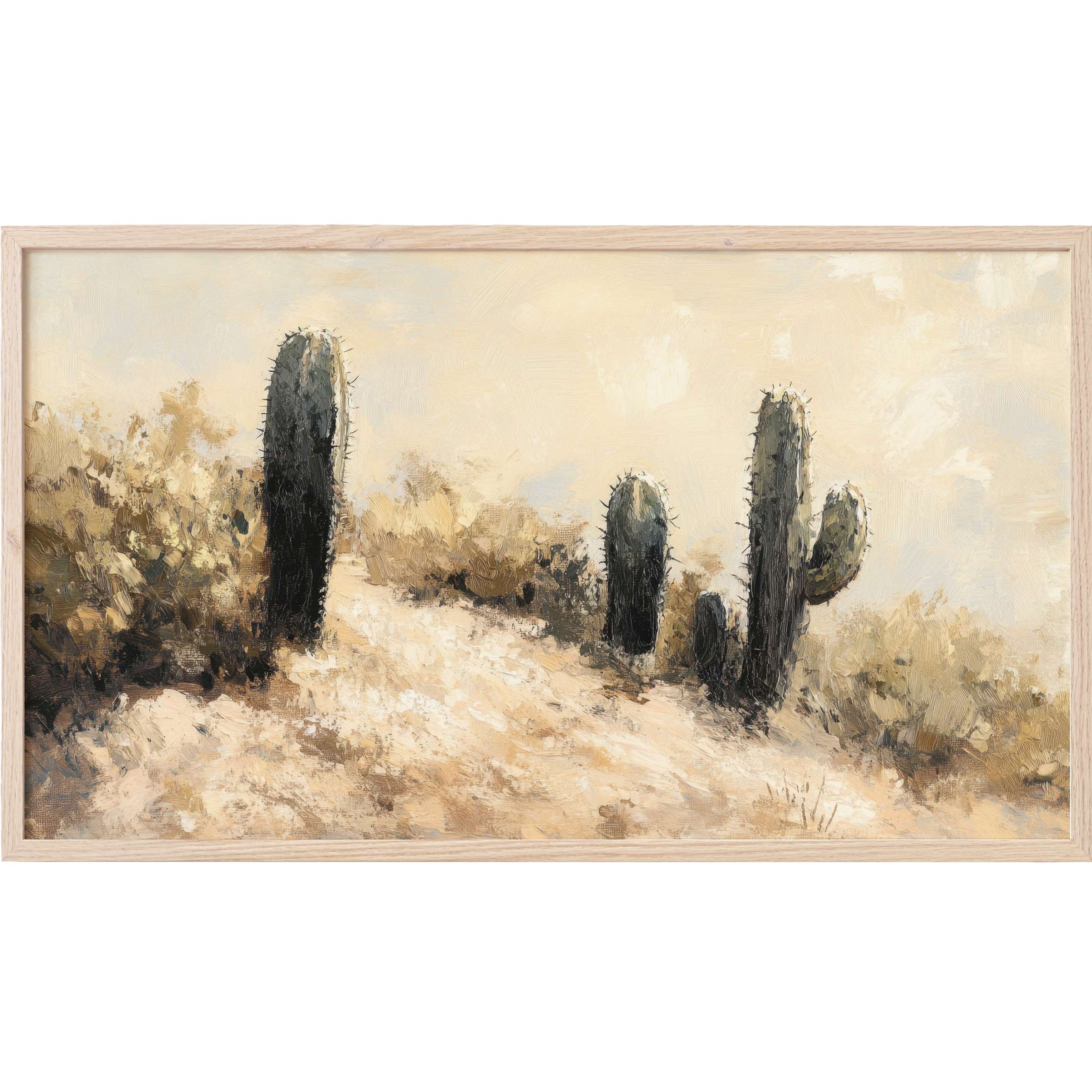Serene desert scene with textured cacti in muted earth tones, perfect landscape Frame TV Art for modern spaces