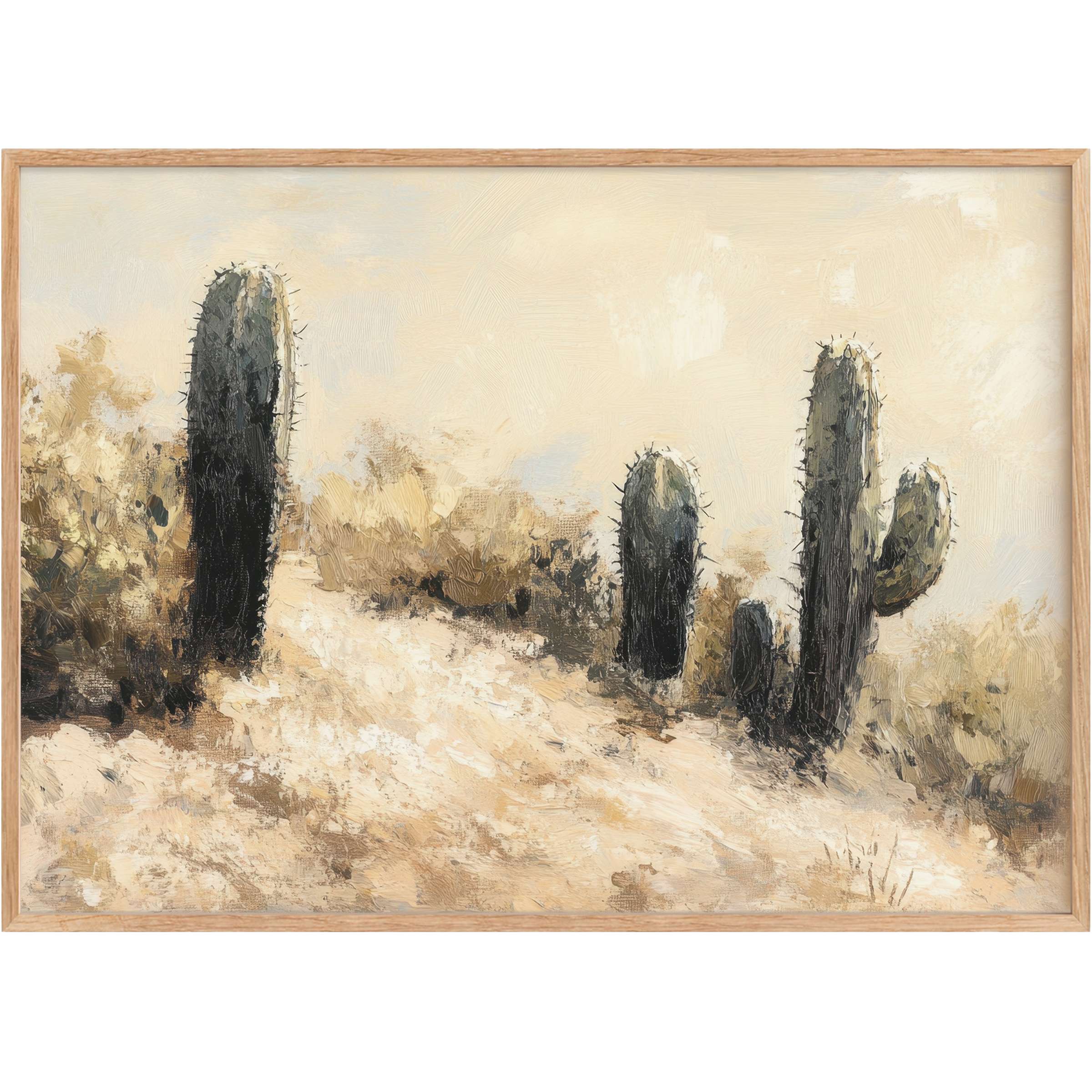 Elegant landscape printable wall art featuring serene desert cacti in muted beige and deep olive tones, evoking a calming, earthy atmosphere