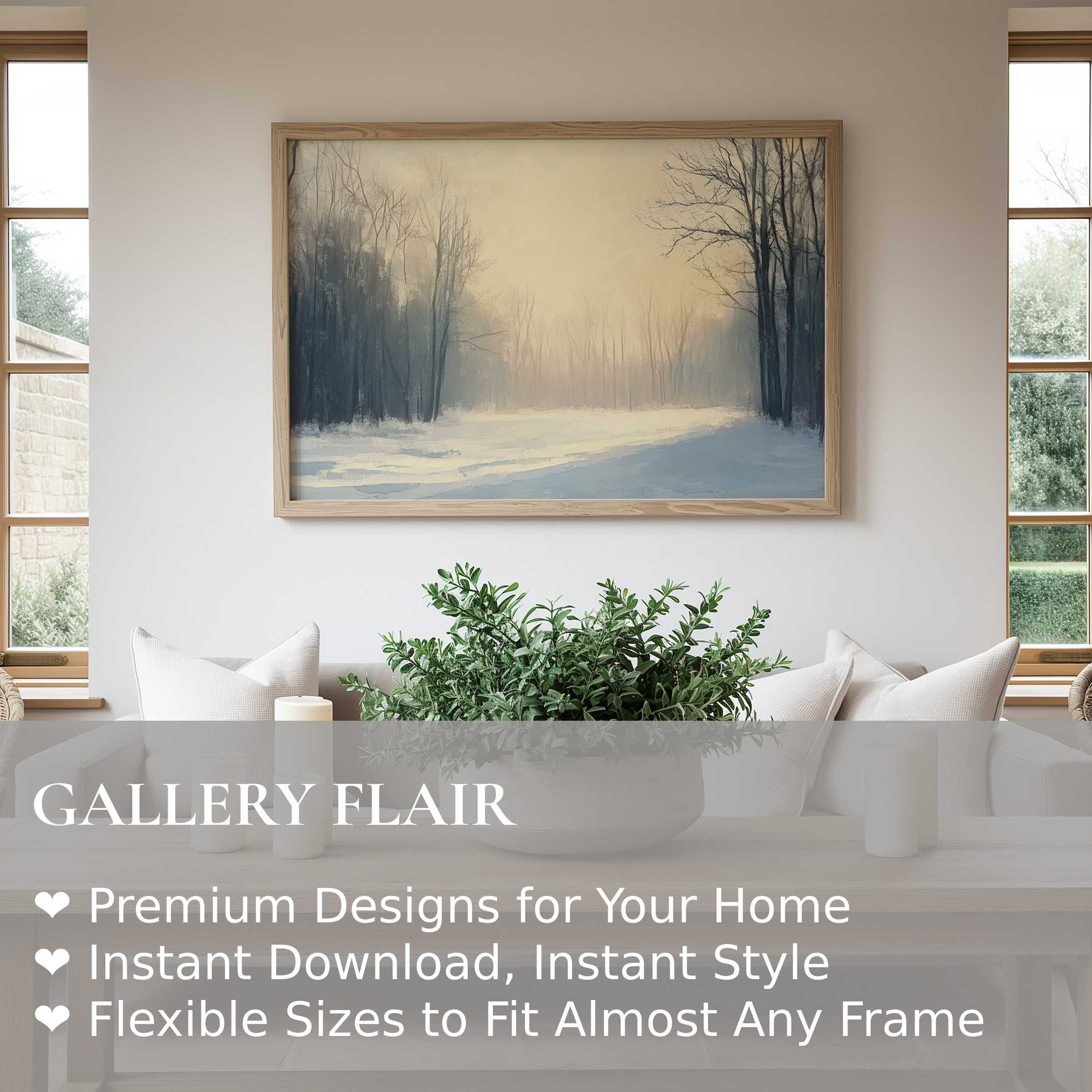 Winter wall art print capturing a serene snowy forest scene with soft light, enhancing minimalist, modern living spaces with calming elegance