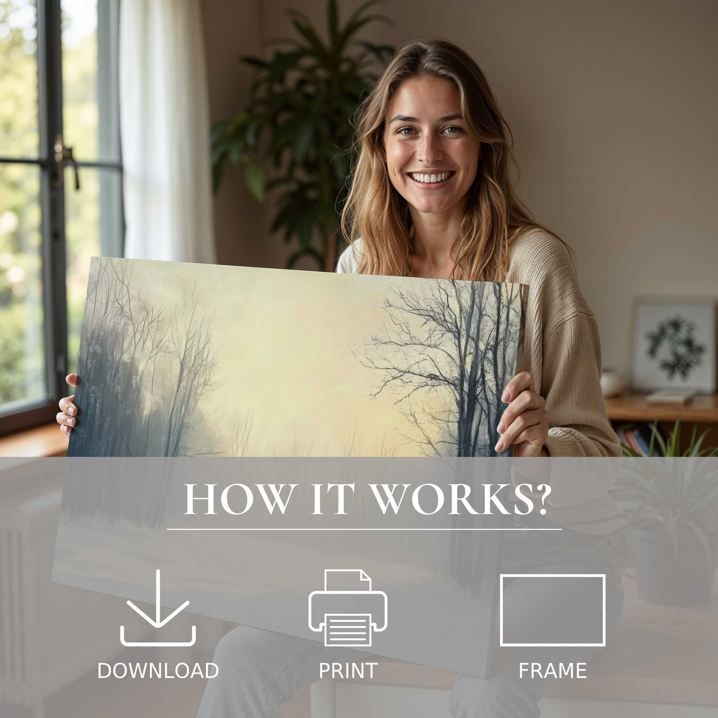 A serene moment of joy as a woman shares a winter digital art print, blending calm hues with effortless elegance in a stylish home