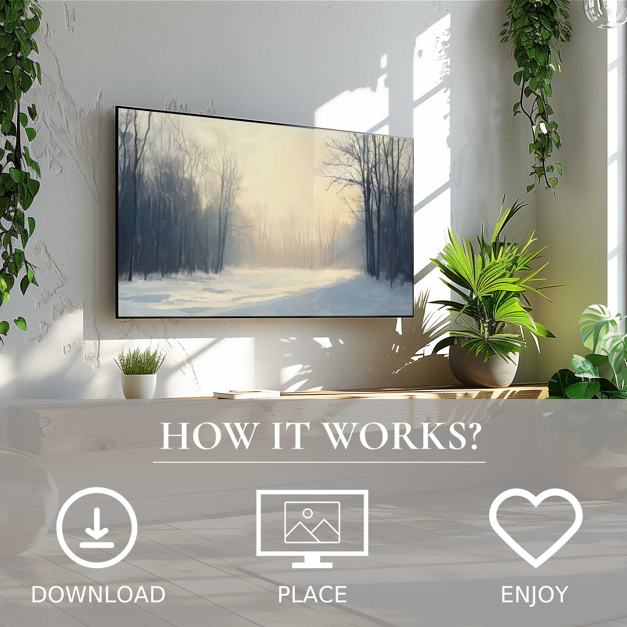 Winter art for Samsung TV with soft sunrise tones, easy digital download, enriches modern living spaces with elegance