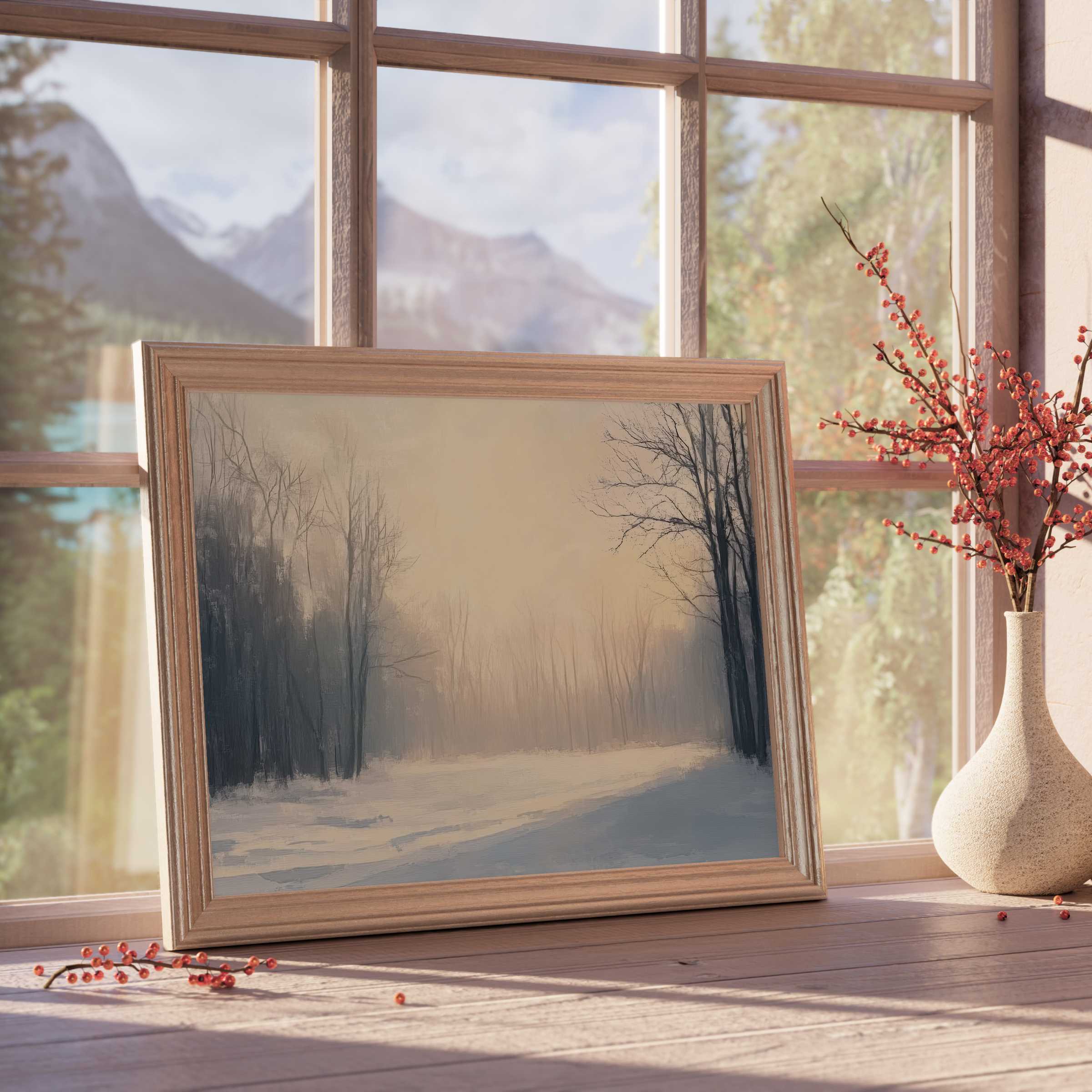 Winter downloadable art capturing a serene snow-laden forest path, elevating tranquil, curated interiors with subtle elegance