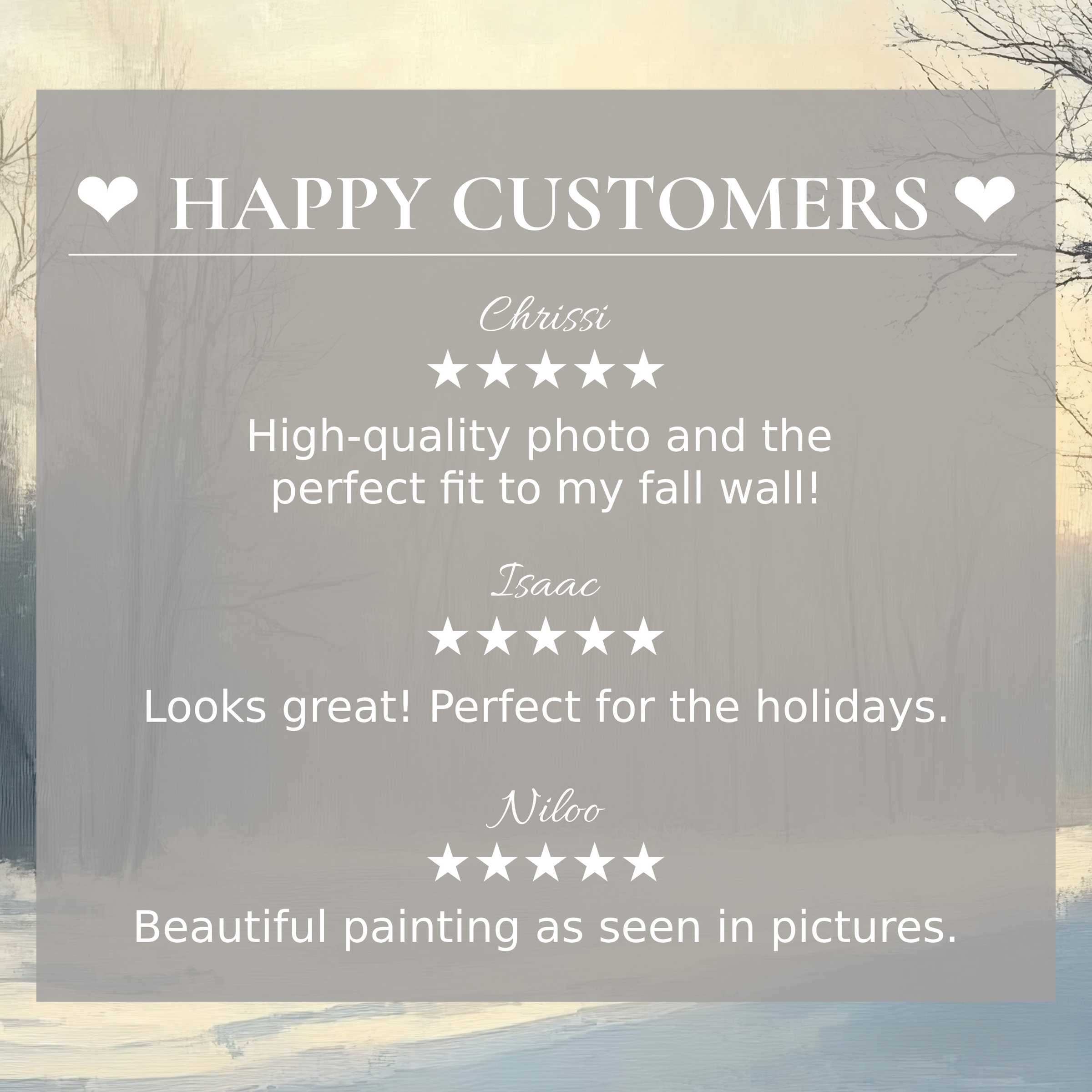 Trustworthy layout shows happy customer reviews with elegant winter art for Frame TV, featuring soft sunset hues