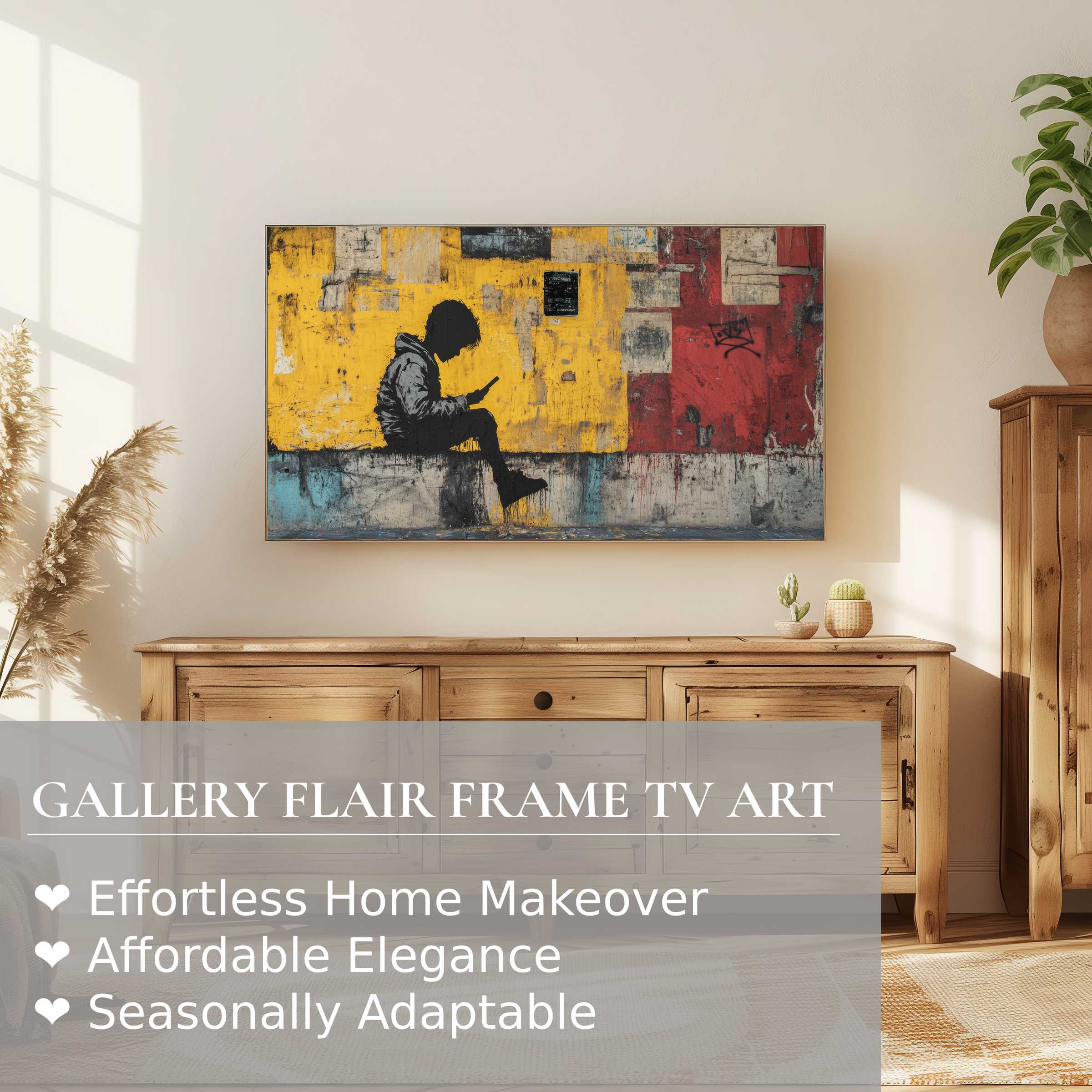 Samsung Frame TV displays vibrant street art digital artwork in a chic, sunlit room with natural wood decor