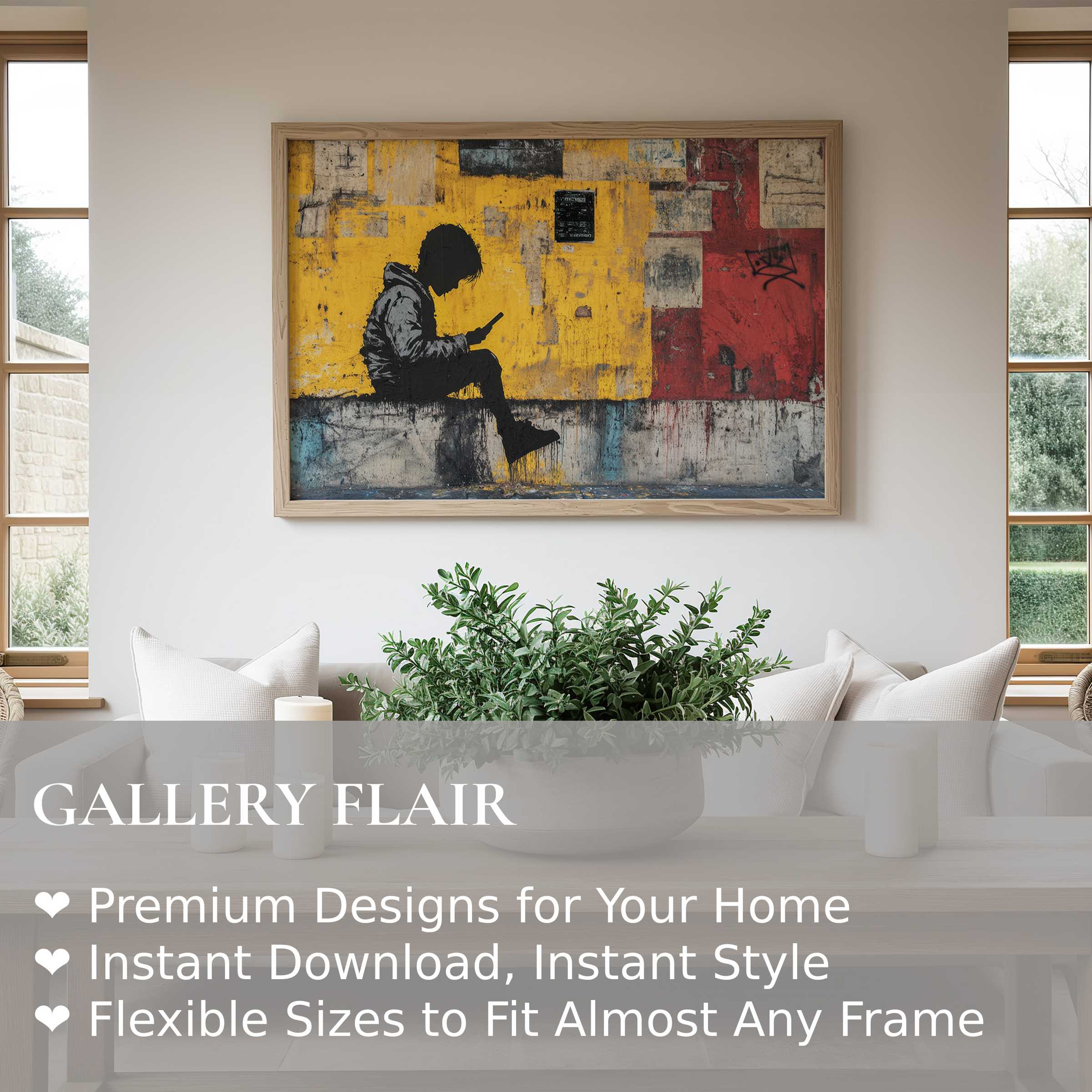 Bold street art wall art print with silhouette figure and vibrant yellow-red backdrop, enriching modern minimalist living spaces with urban edge