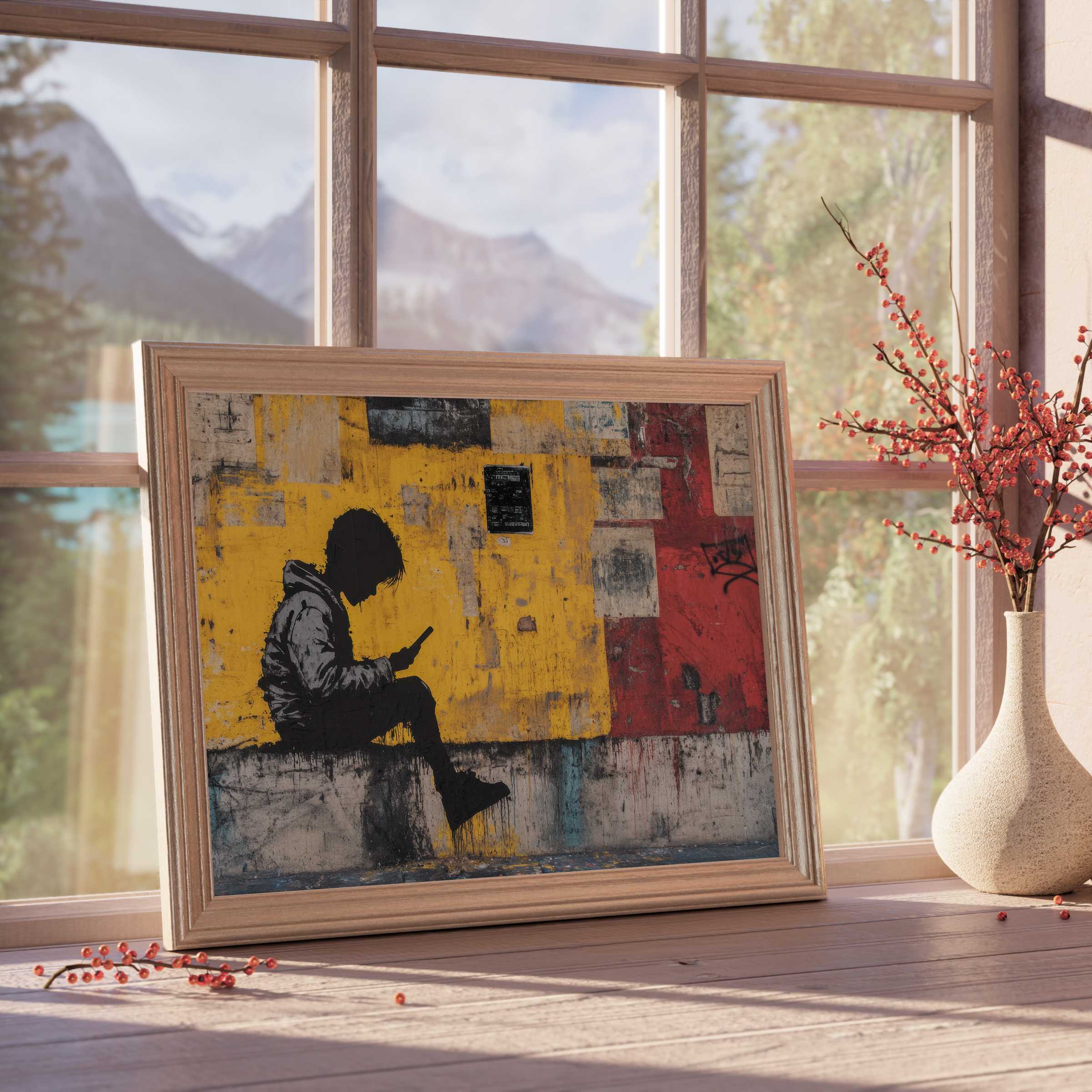 Urban melancholy meets vibrant contrast in this street art downloadable art, perfect for elevating curated, tranquil interiors The silhouette of a contemplative youth against bold yellow and red hues adds depth and modern edge, enriching design-forward living spaces with dynamic, emotionally resonant decor