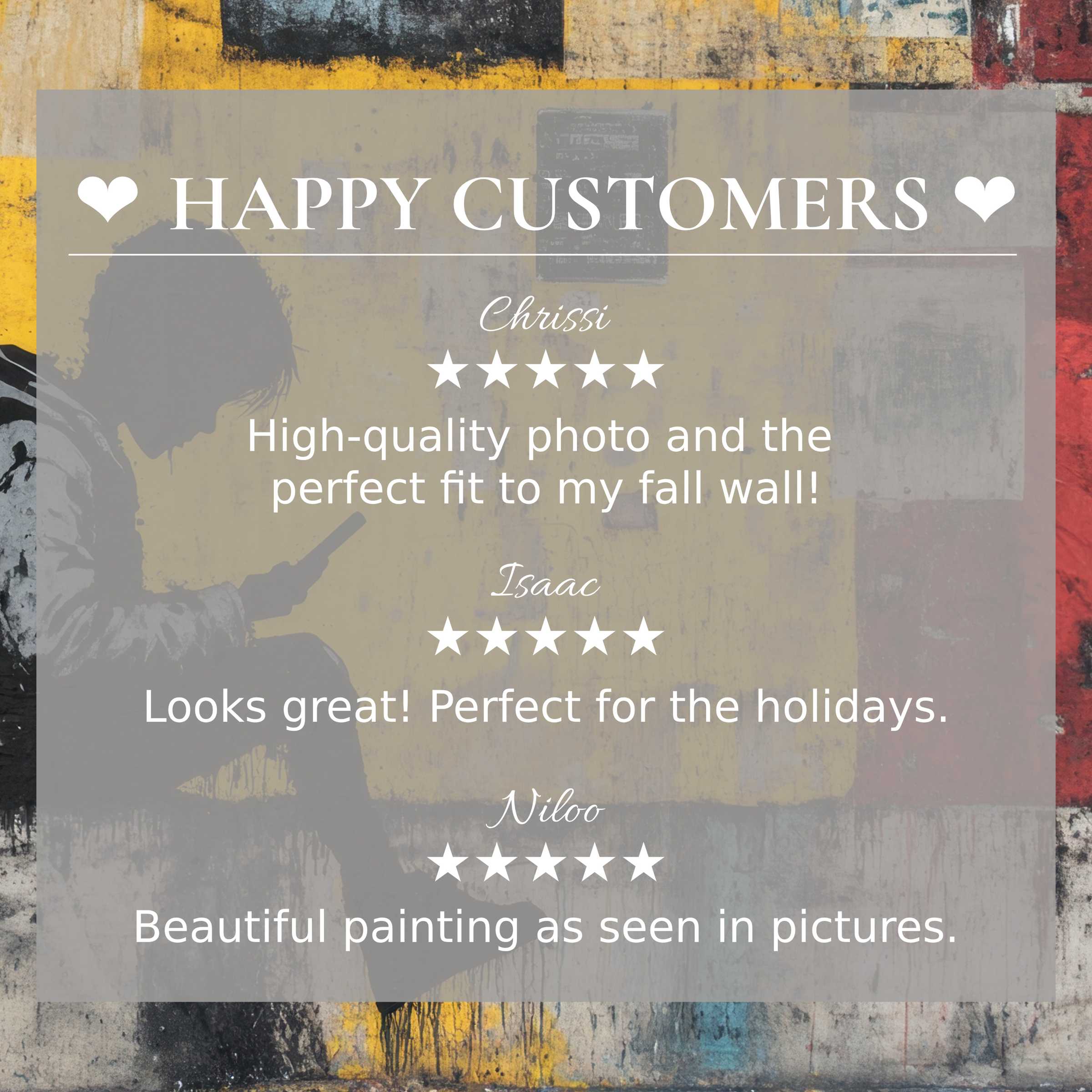 Street art for Frame TV with abstract sunset hues, featuring happy customer reviews that inspire trust and elegance