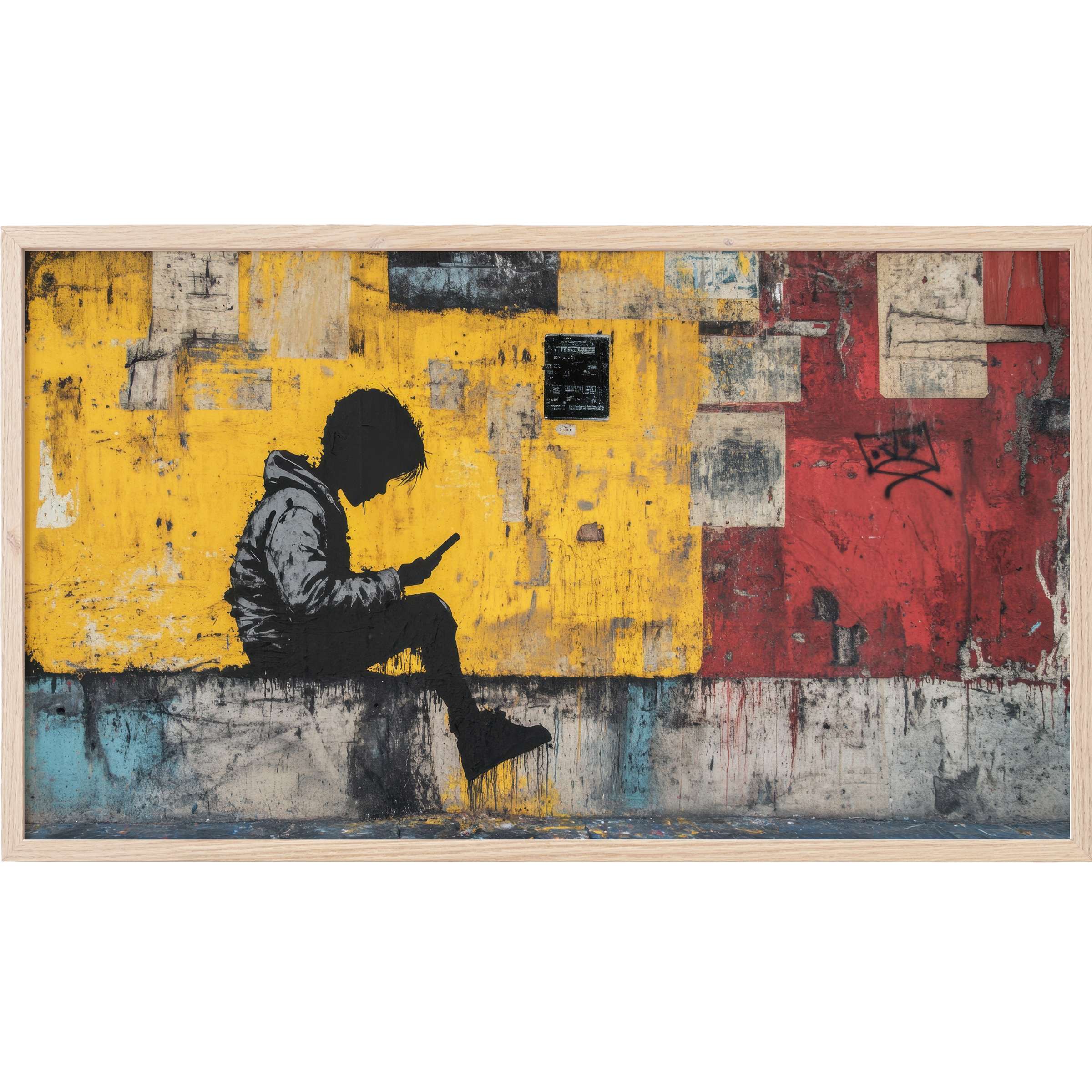 Urban street art Frame TV Art depicting a silhouette child on textured yellow, red, and gray walls with a gritty, modern vibe