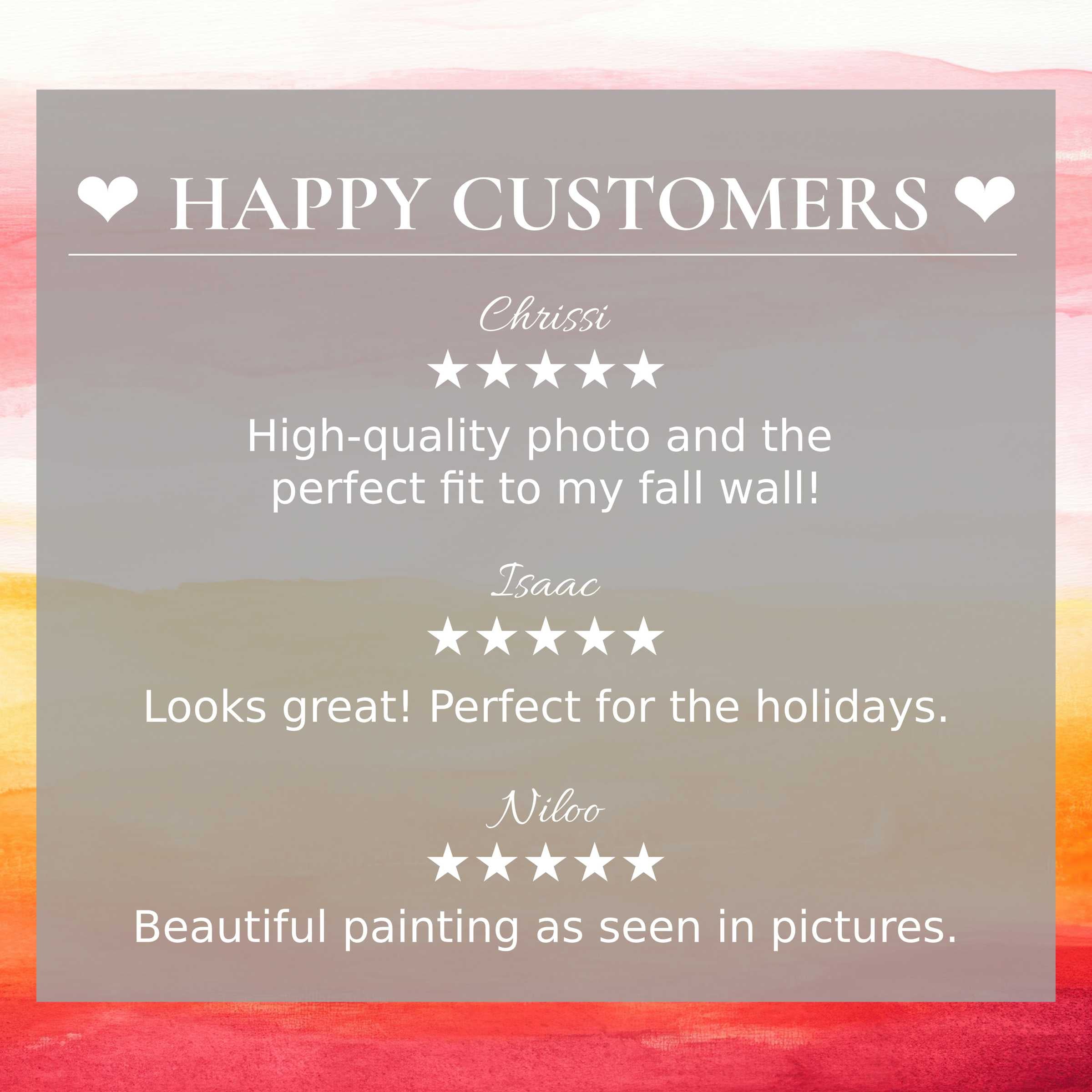 Abstract art for Frame TV with warm sunset hues; layout inspires trust through happy customer reviews, elegant design